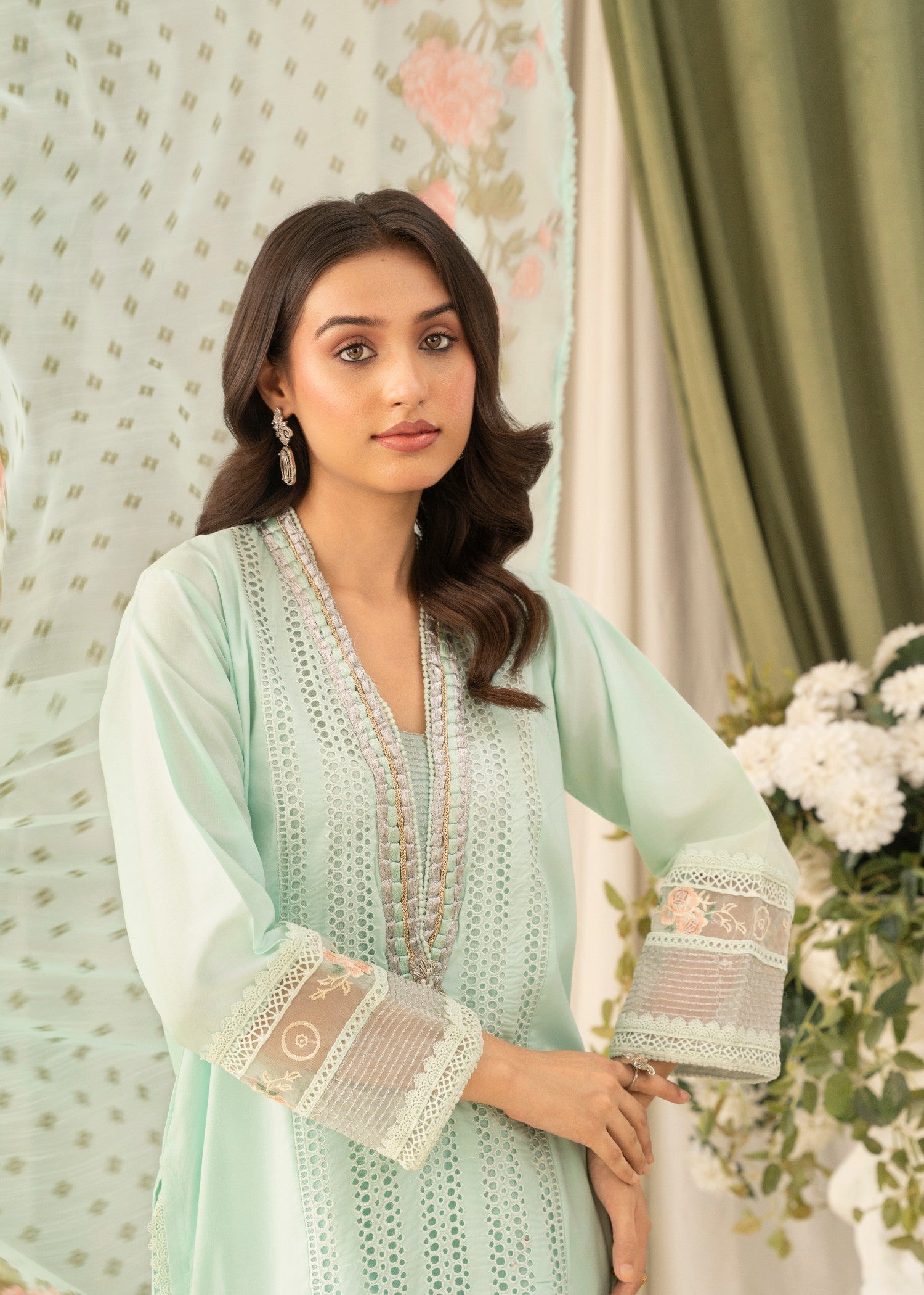 Khubsurat 3558 KH CT Ice Blue Embroidery Long Shirt Cotton Women 3pcs