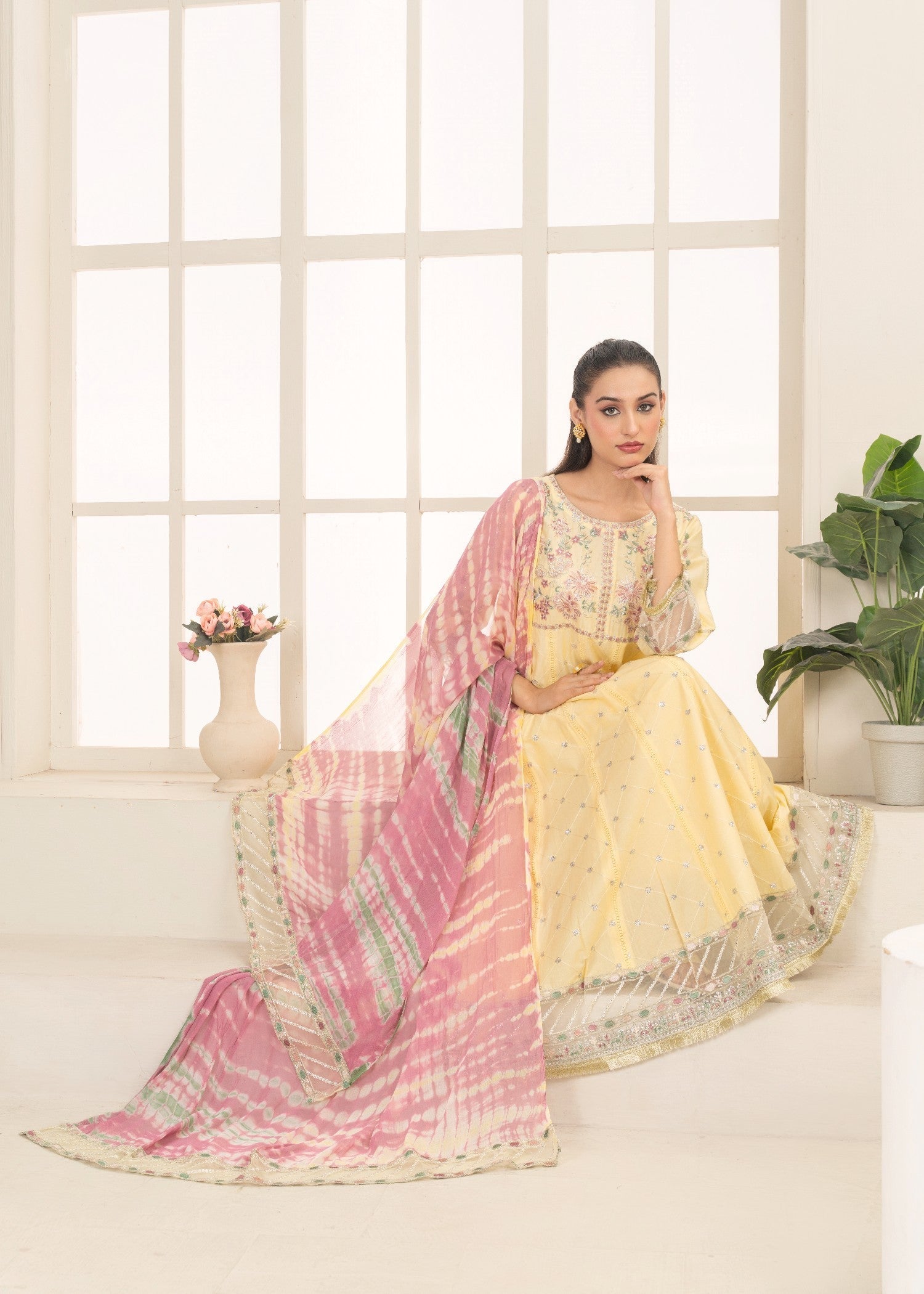 Khubsurat 3802 KH CT Lemon Embroidery Long Frock Cotton Women 3pcs