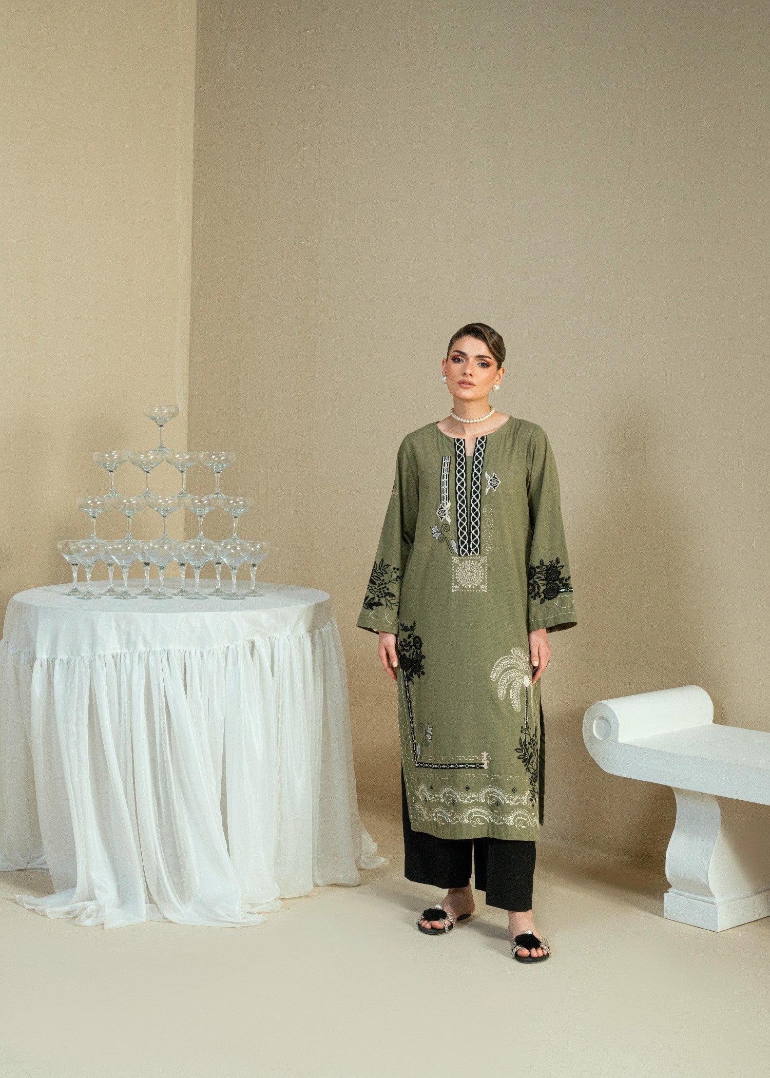 Kaanthaa KPES03 OLIVE COTTON DOBBY STITCHED Women 2pcs