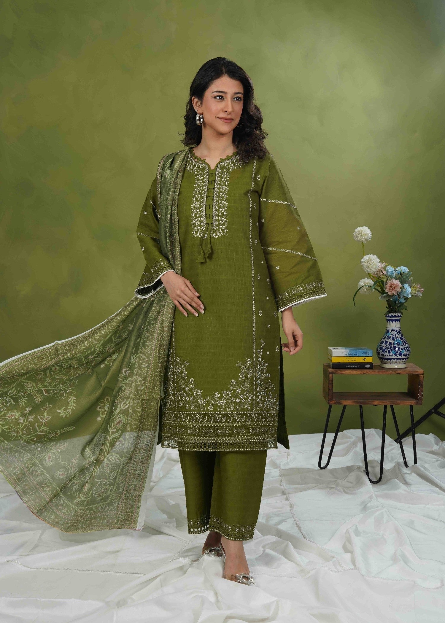 Dareechay Olive Green Embroidered Suite FOS55 Women 3pcs