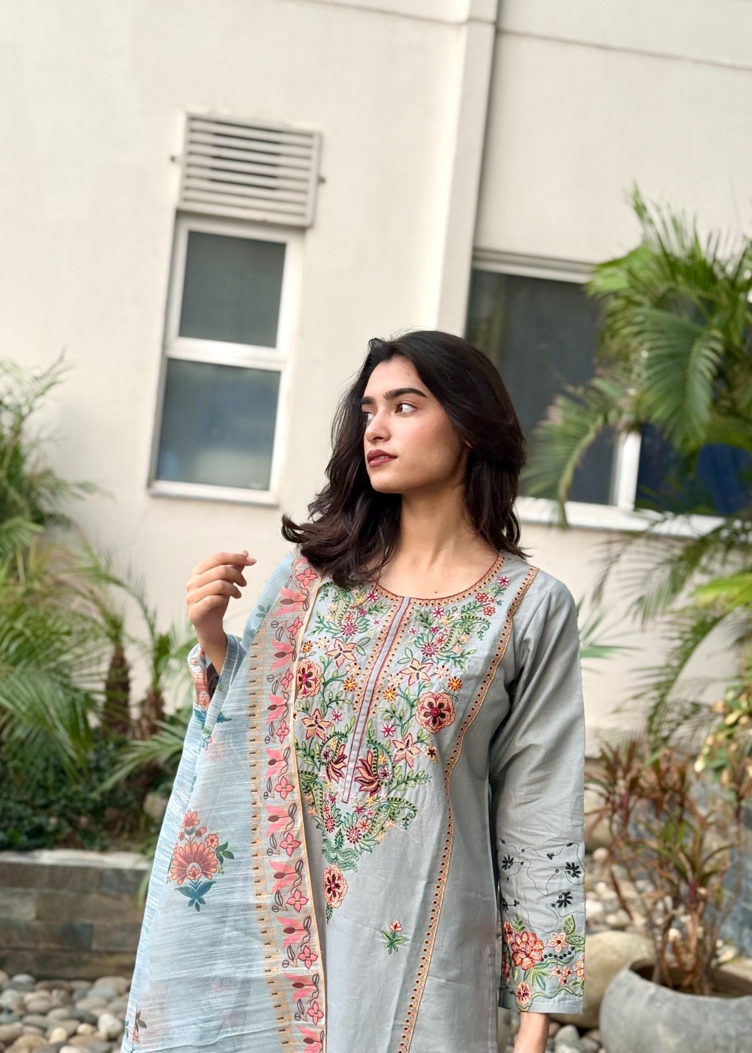 Attirepret Ash Grey : Embroidered Cotton Suit Women 3pcs