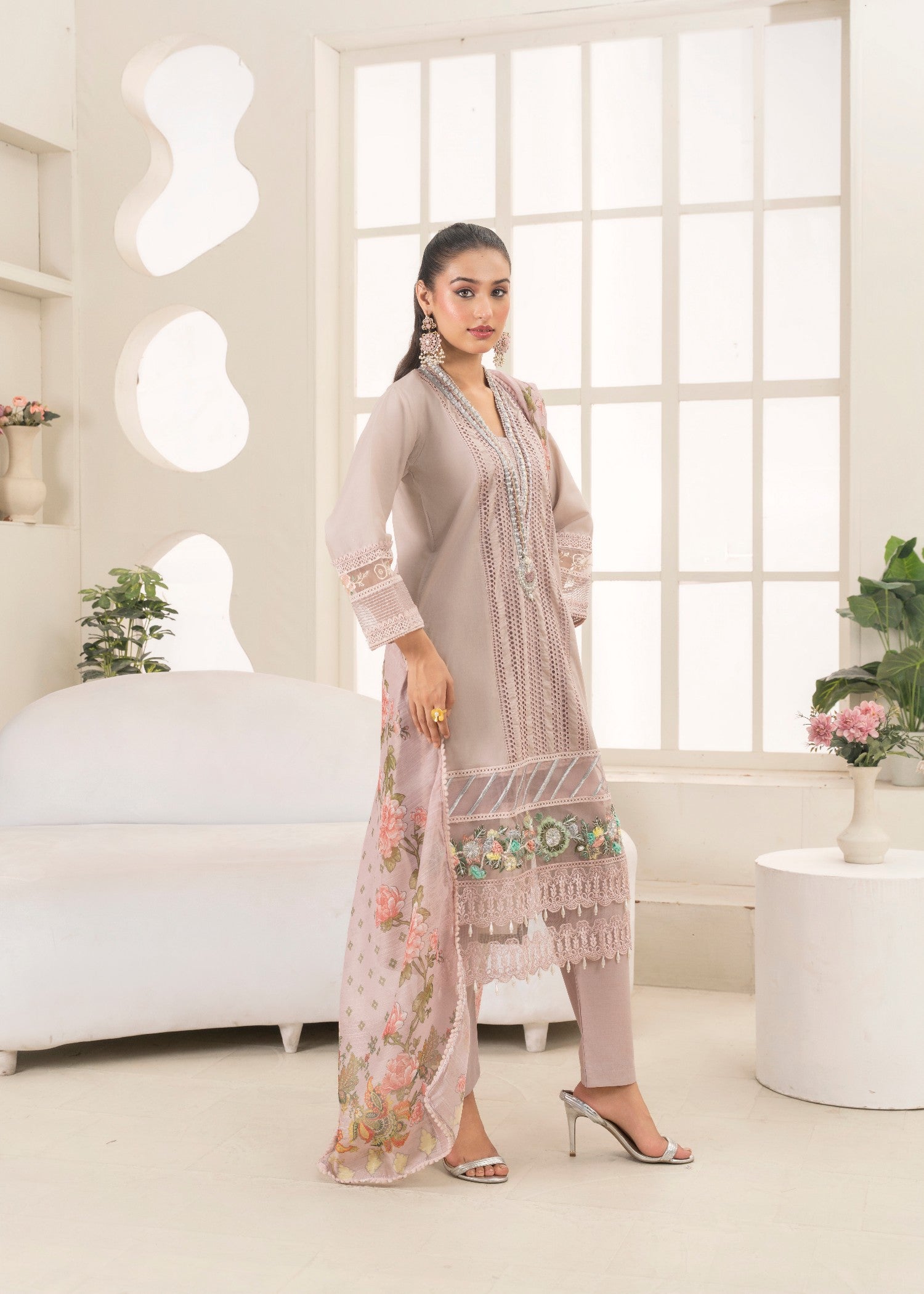 Khubsurat 3558 KH CT Lilac Embroidery Long Shirt Cotton Women 3pcs