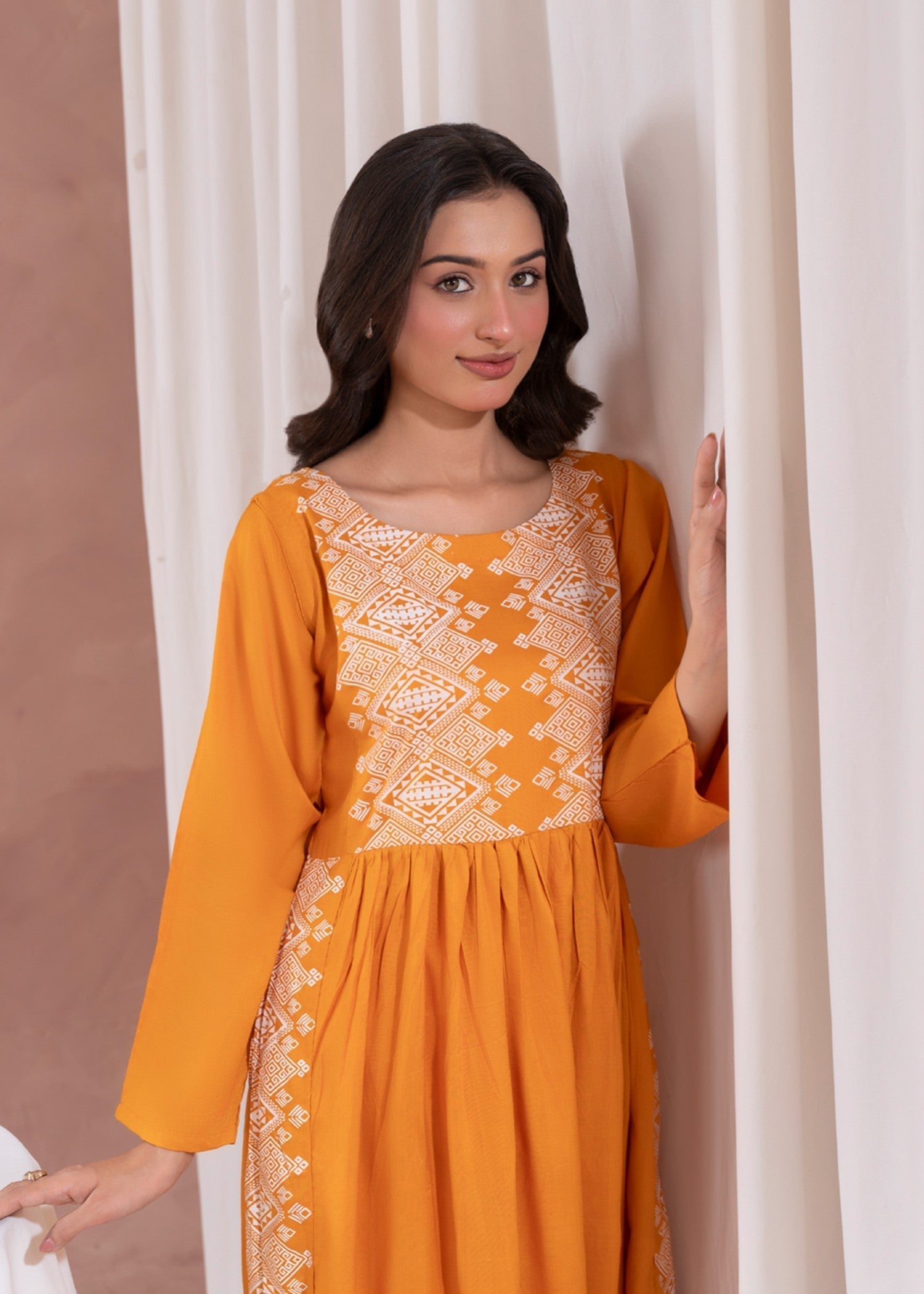 Laal Kurti Mustard White printed long kurta D117 Women 1pcs