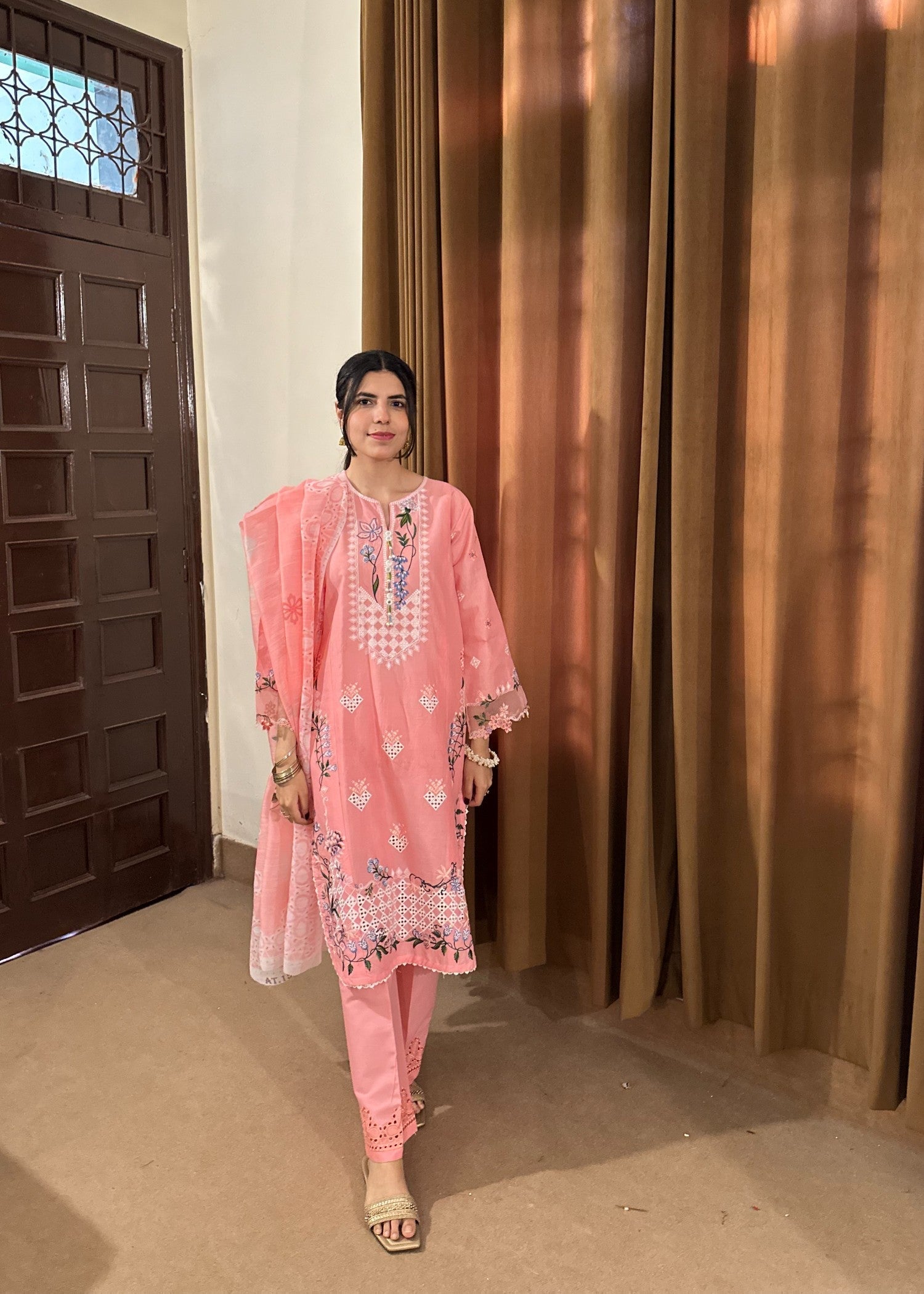 Attirepret Soft Pink Cotton Embroidered Women 3pcs