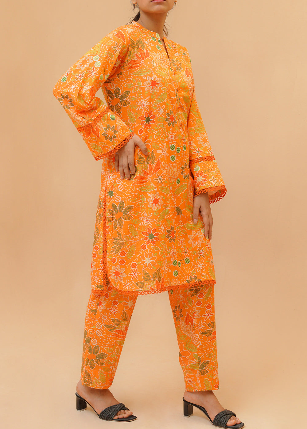 Green Orange Printed lawn stitched suit co ord set Women 2pcs