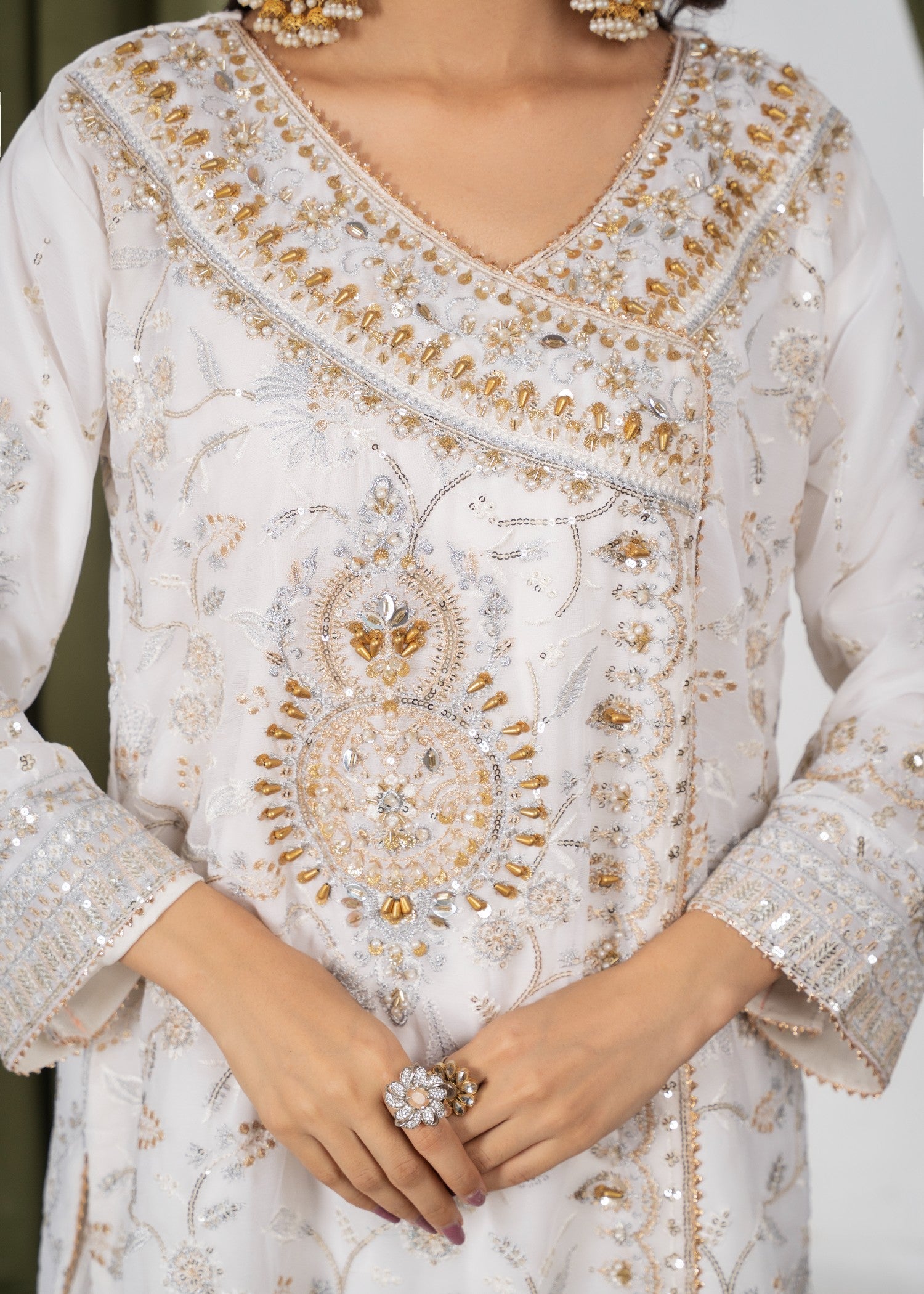 Hkb Officials Beyza White & Gold Angrakha Women 3pcs