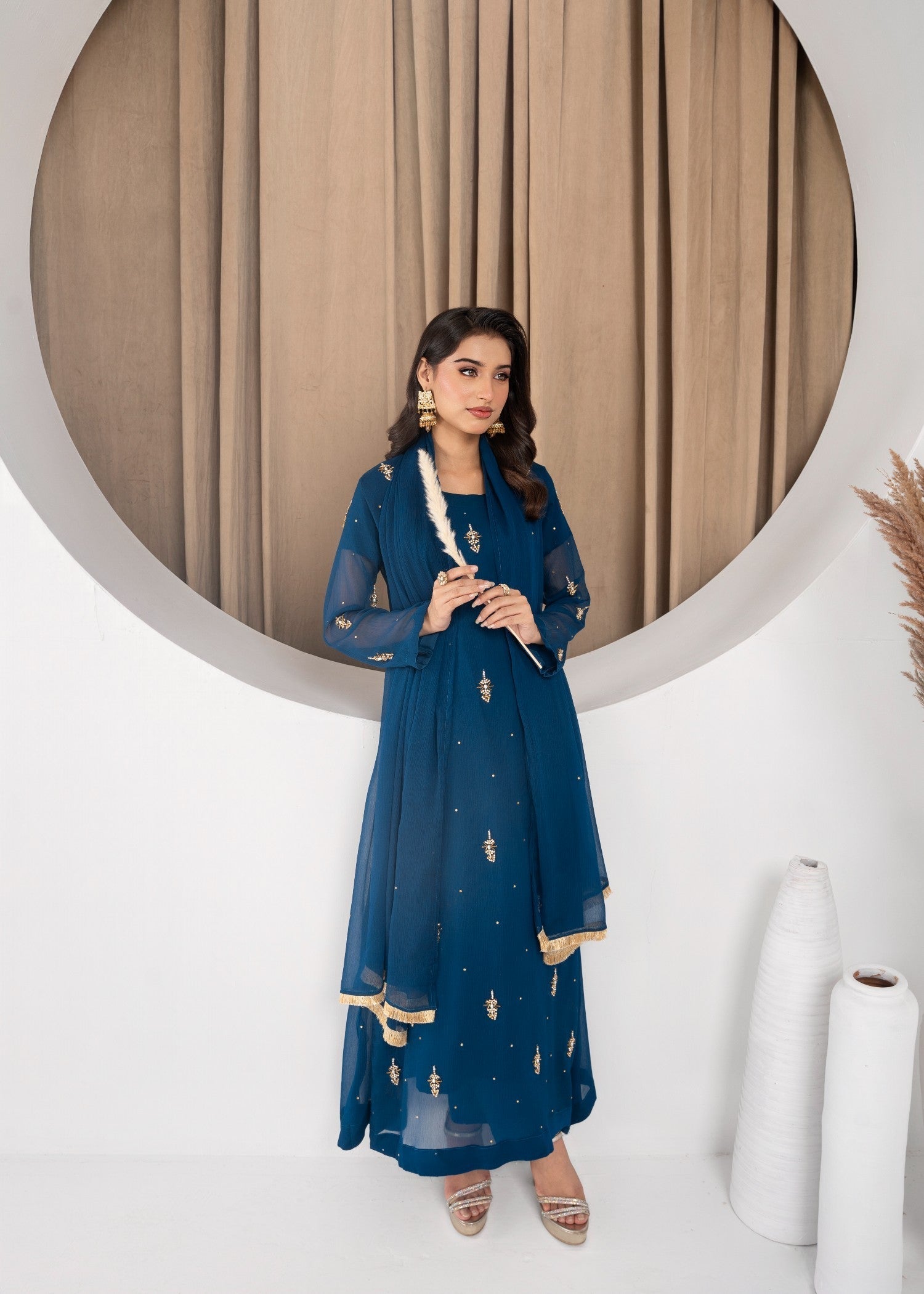 Hkb Officials Jasmine Midnight Teal Chiffon Flare Frock Women 3pcs