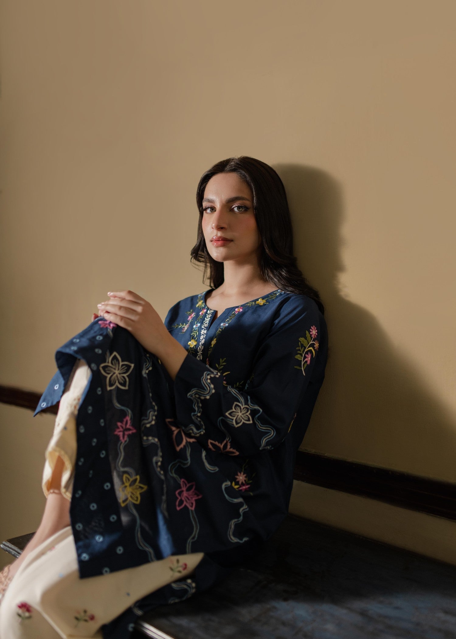 Azulie Navy Embroidered Kurta by Women 1pcs