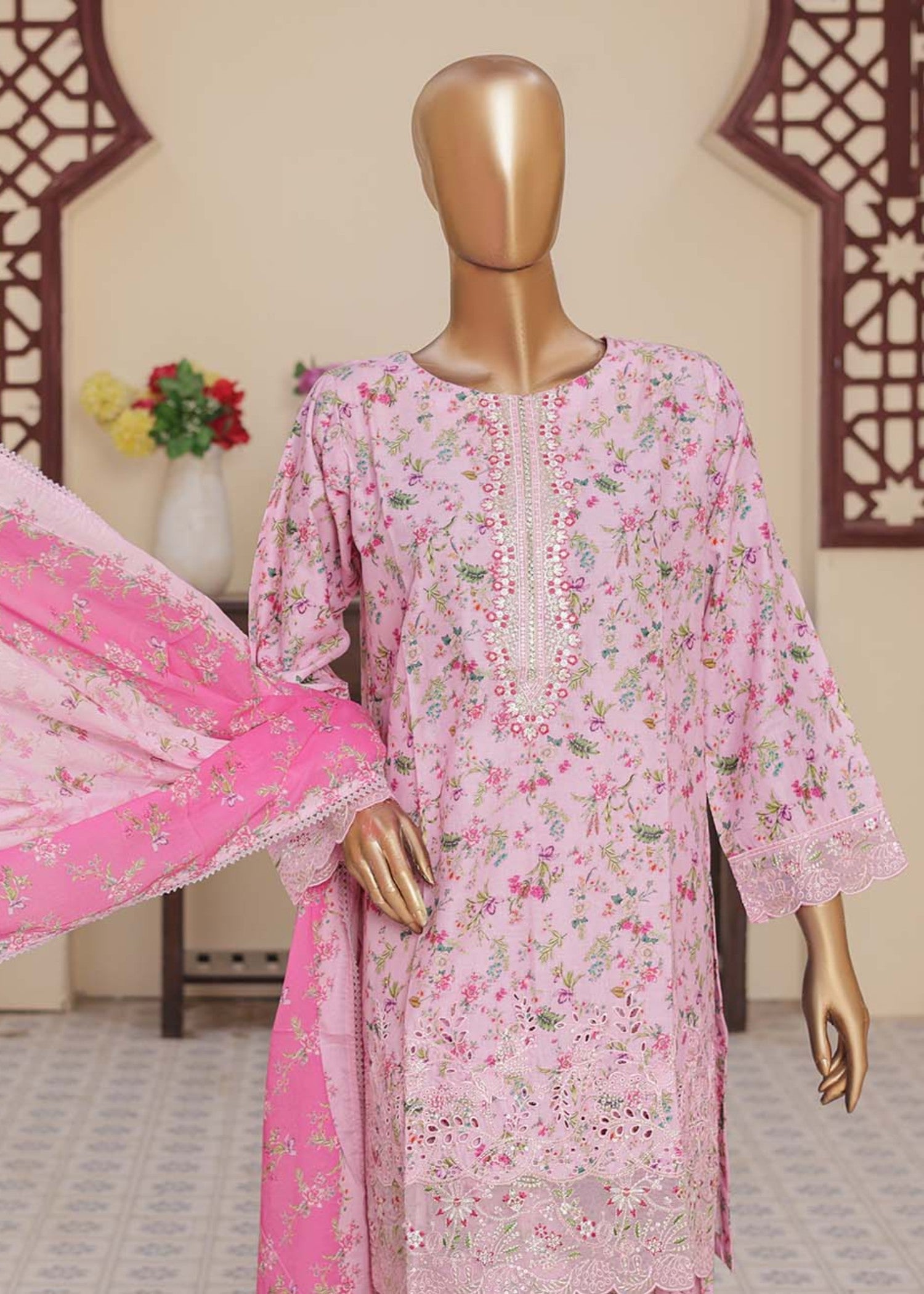 Suntex Fabrics PINK Printed Chikankari Embroidered Collection Women 3pcs