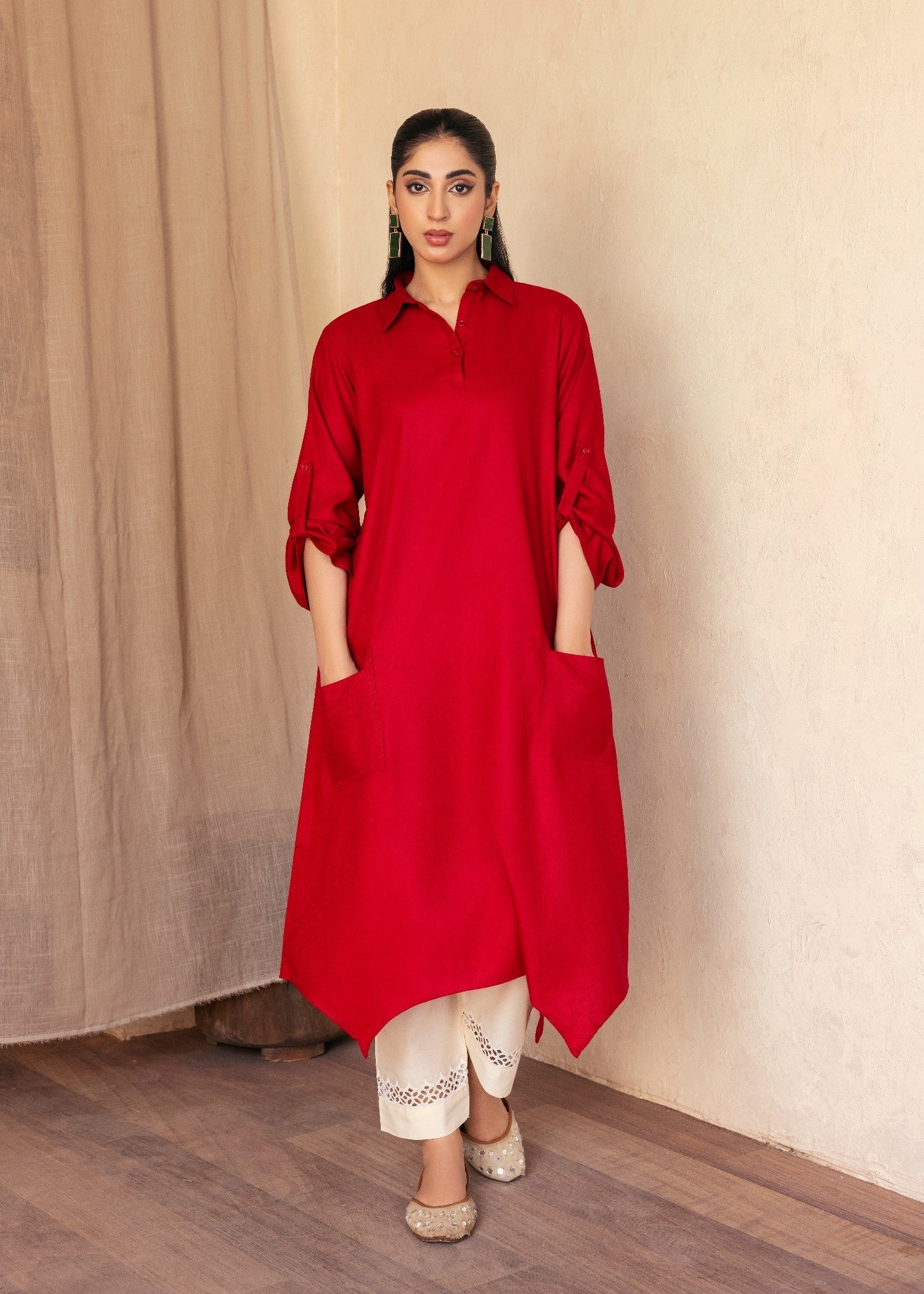 Ghonche Hot Red Long Shirt Women 1pcs