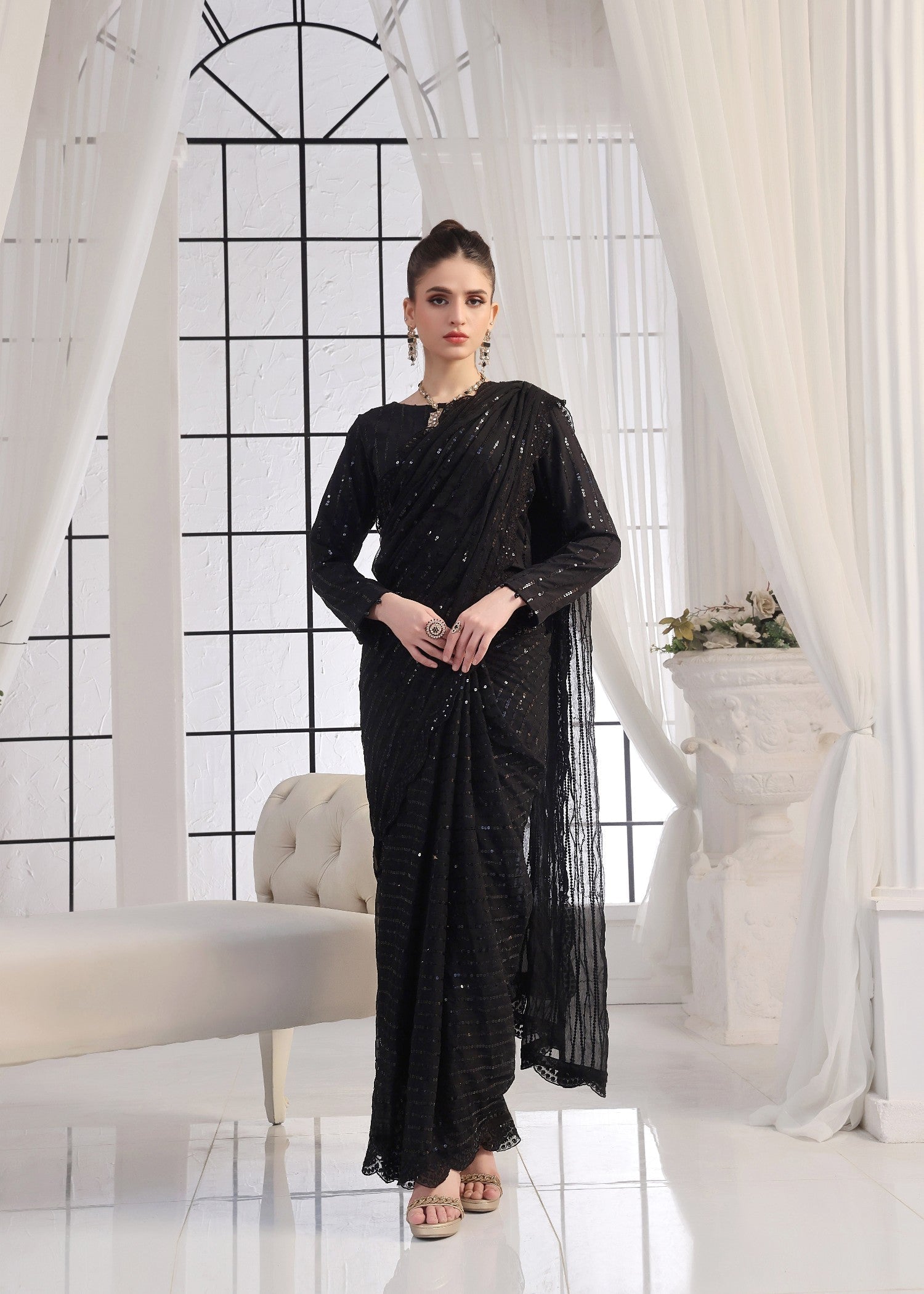 Luxeurs Black Chiffon Stitched Saree Women 3pcs