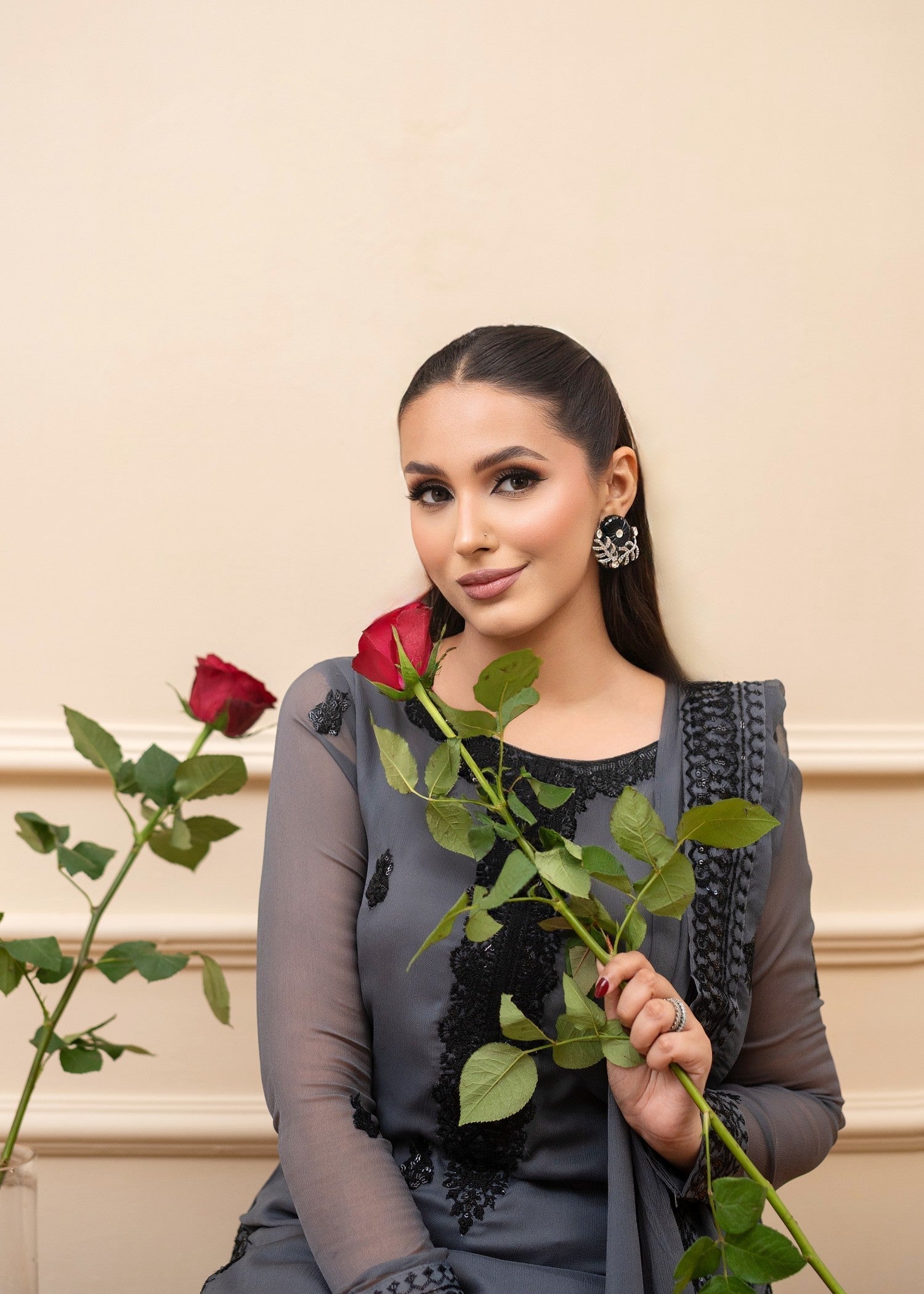 Alyssa GREY CHIFFON SUIT ALL308 Women 3pcs