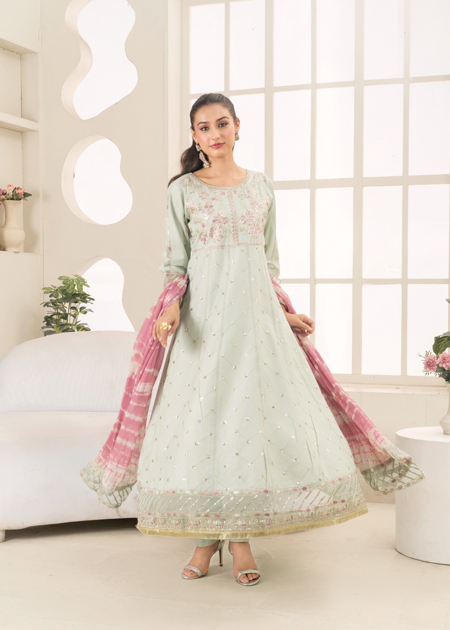Khubsurat 3802 KH CT Tea Green Embroidery Long Frock Cotton Women 3pcs