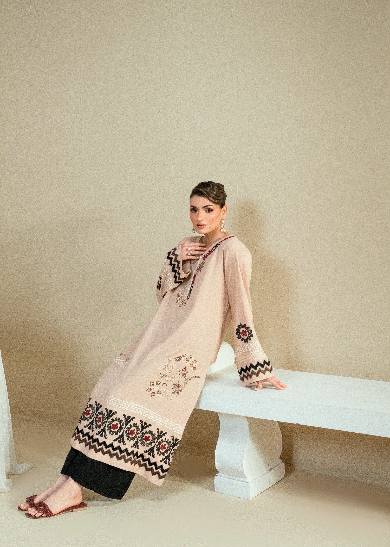 Kaanthaa KPES01 BEIGE CROSSHATCH COTTON VISCOSE STITCHED Women 2pcs