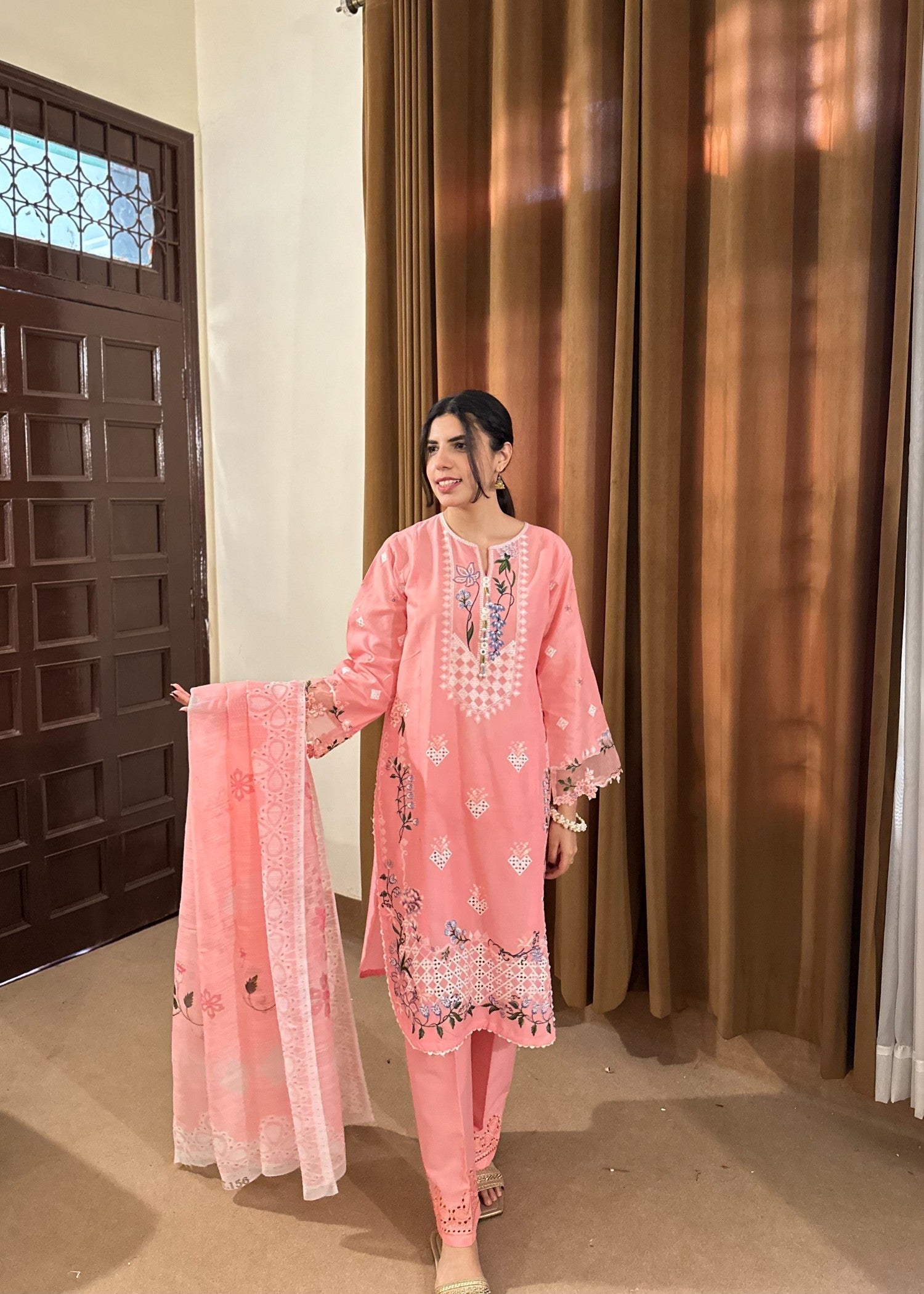 Attirepret Soft Pink Cotton Embroidered Women 3pcs