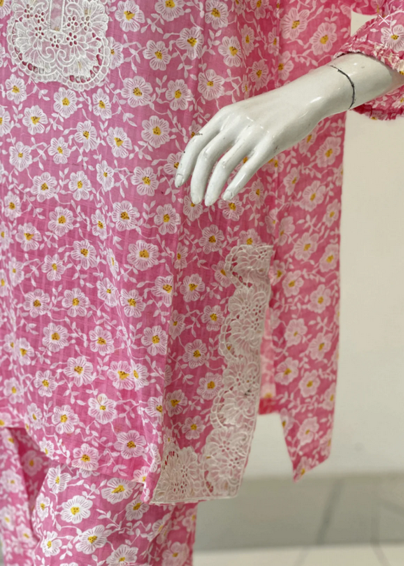 Symas Pure Lawn Printed Co Ord Set With Lace Women 2pcs