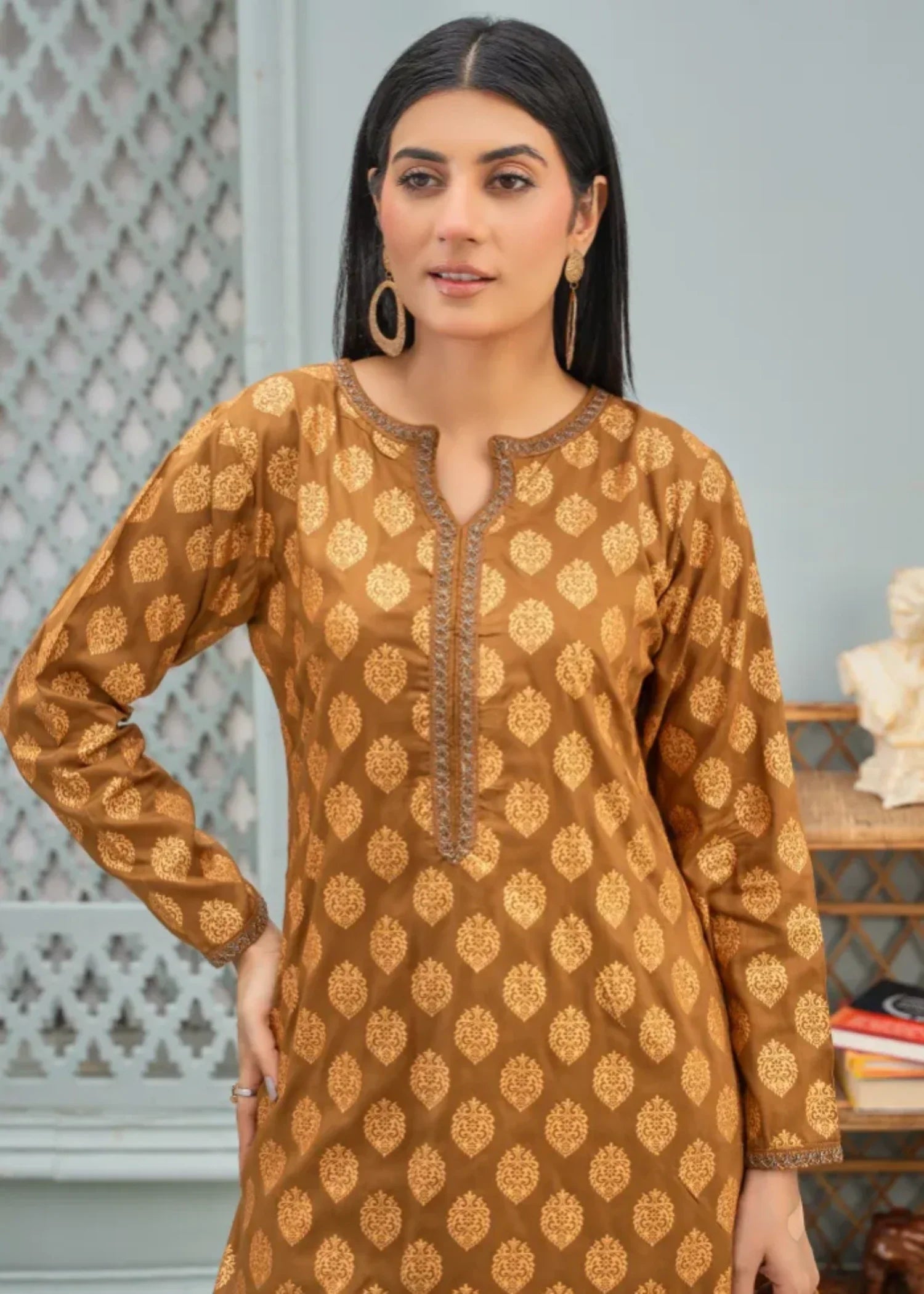 Designer Rack block print mustard Women 2pcs