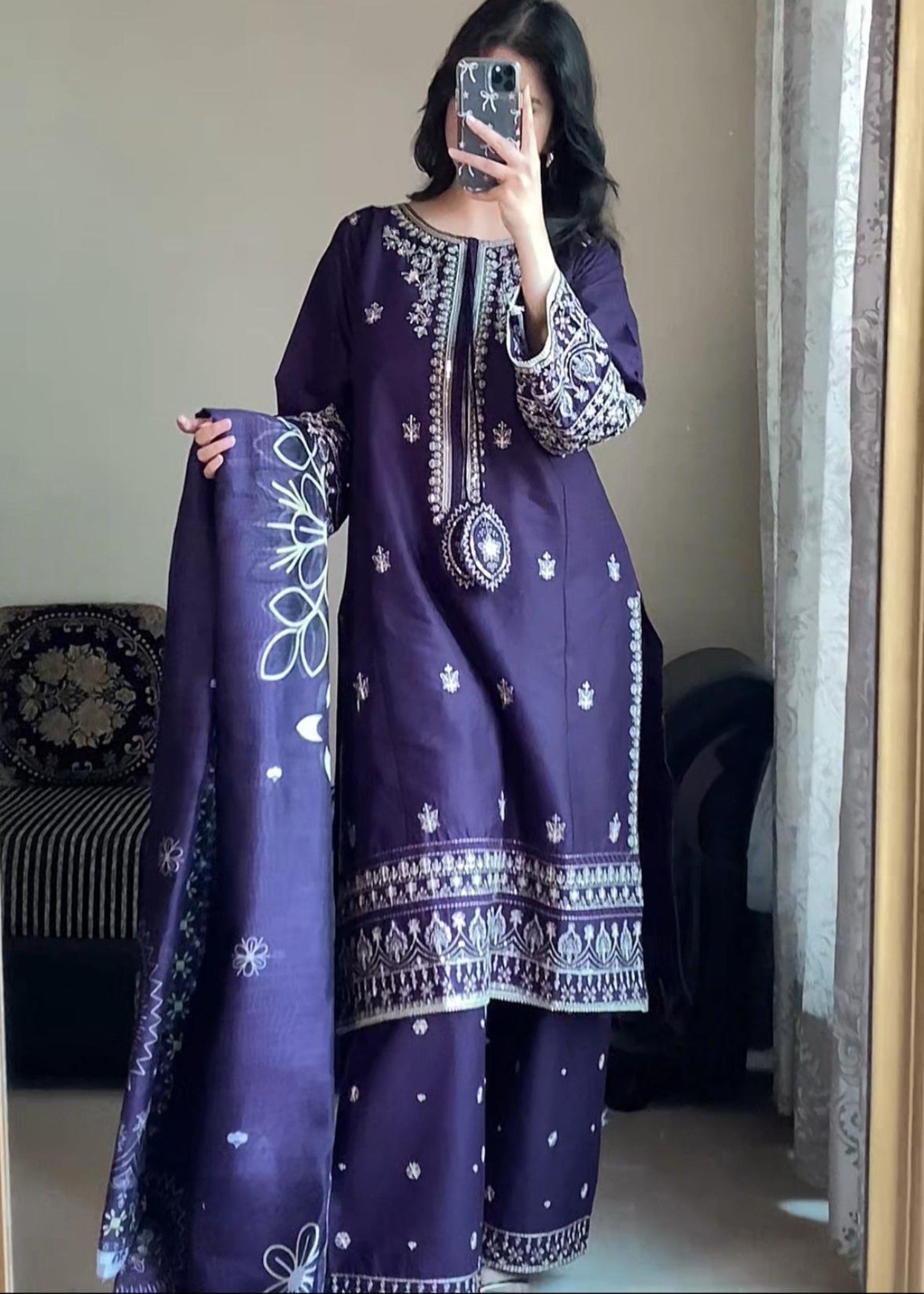 Attirepret Royal Purple Embroidered Cotton Suit – By Women 3pcs