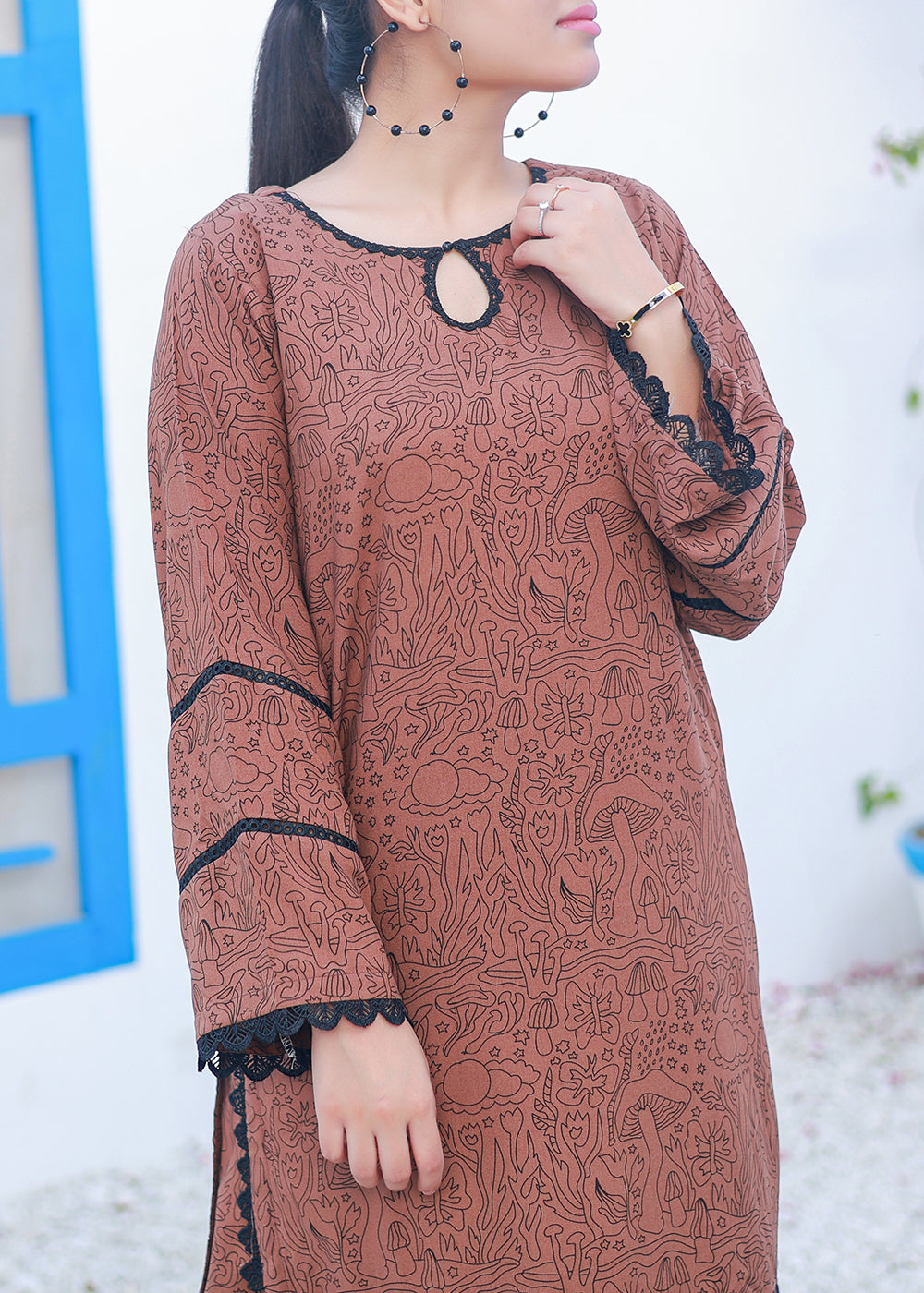 Green Stitched suit Co Ord Set printed brown color Women 2pcs