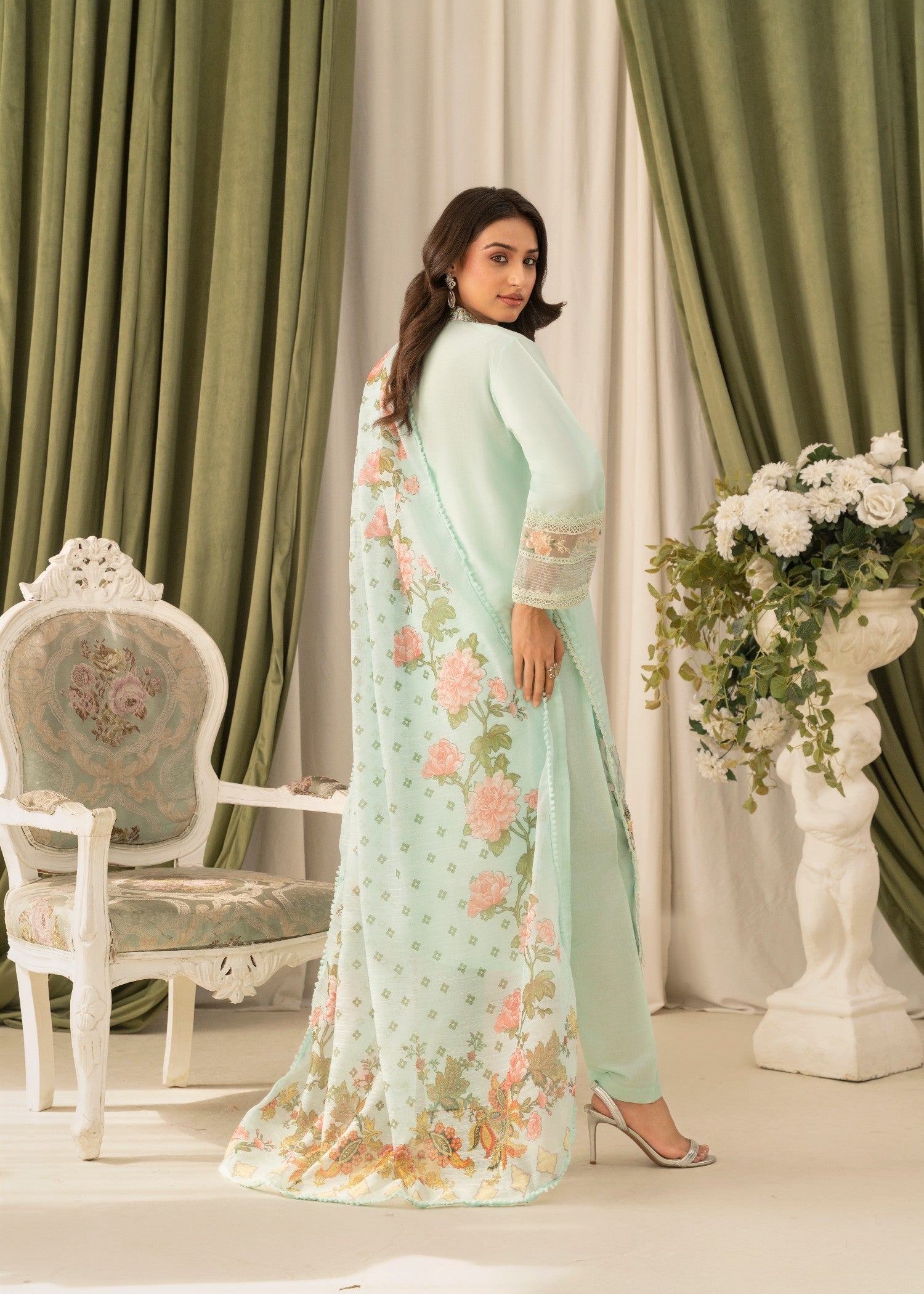 Khubsurat 3558 KH CT Ice Blue Embroidery Long Shirt Cotton Women 3pcs