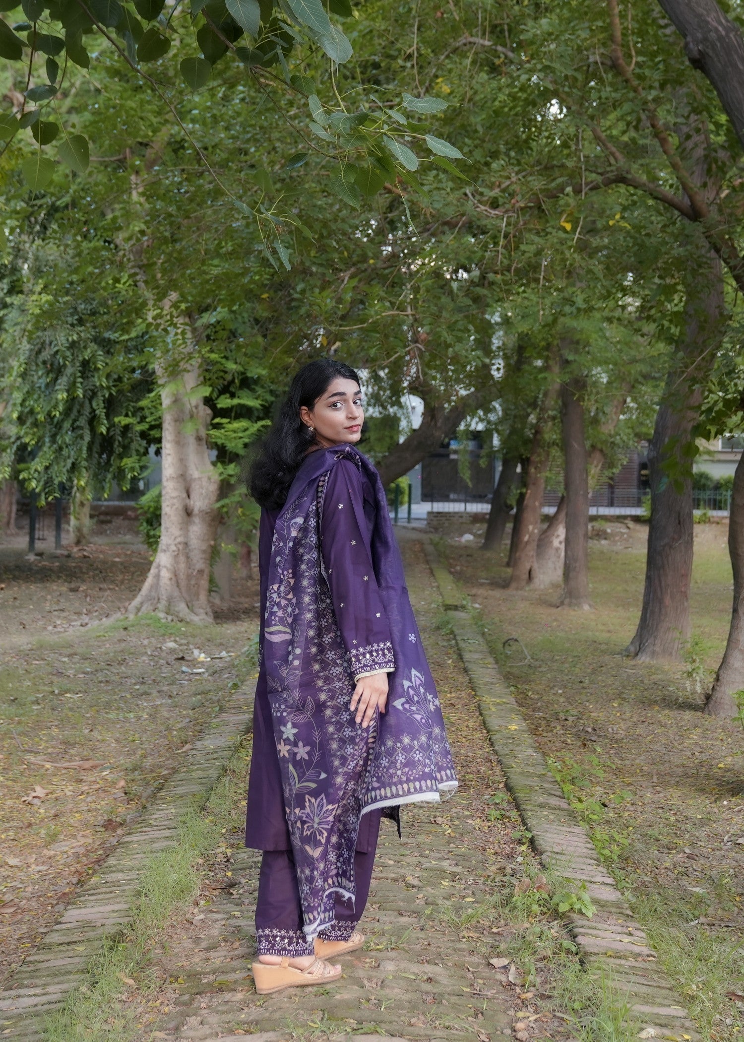 Attirepret Deep Plum Cotton Embroidered Suit Women 3pcs