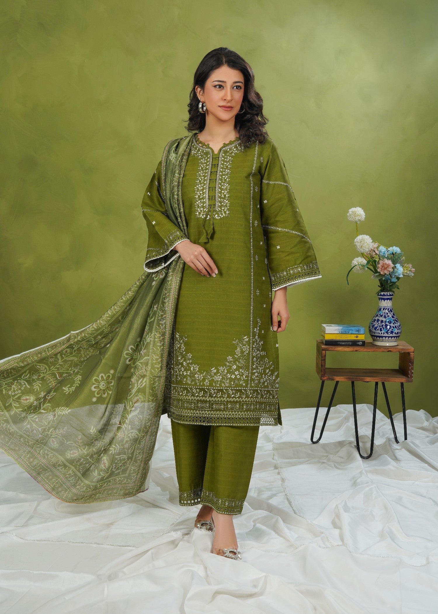 Dareechay Olive Green Embroidered Suite FOS55 Women 3pcs