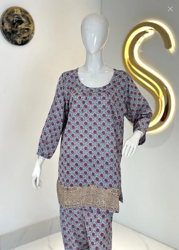 Symas Pure Soft Lawn Printed Co Ord Set with Beige Lace Women 2pcs