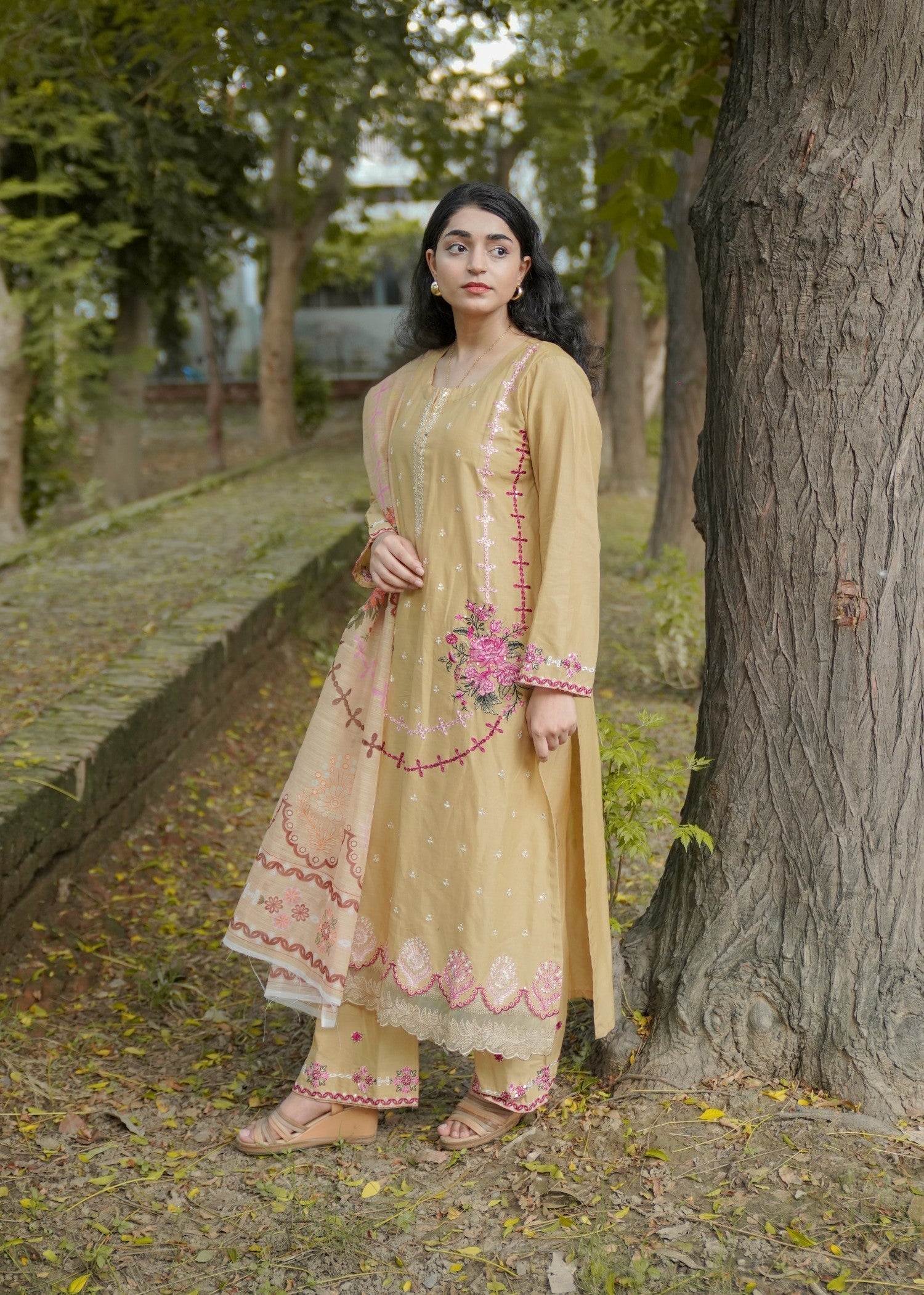 Attirepret Beige Cotton Embroidered Suit – By Women 3pcs
