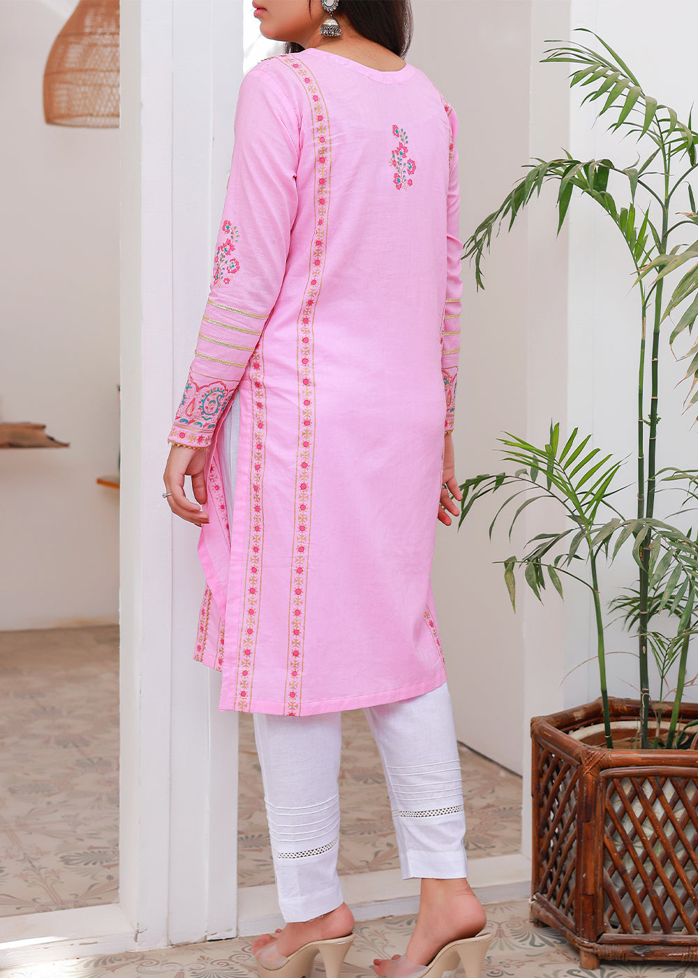 Green Block print Kurti Stitched Pink Women 1pcs