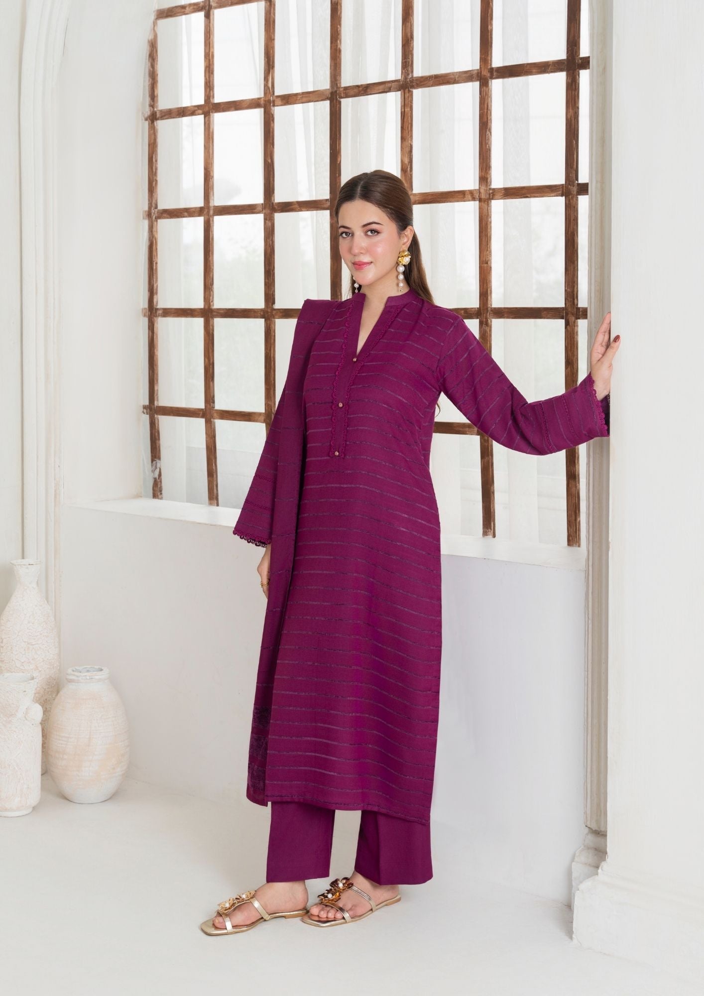 Yolo Pret Dhanak wool Shirt with Dhanak Border Shawl and Plain Trouser AML W25 0011 Women 3pcs