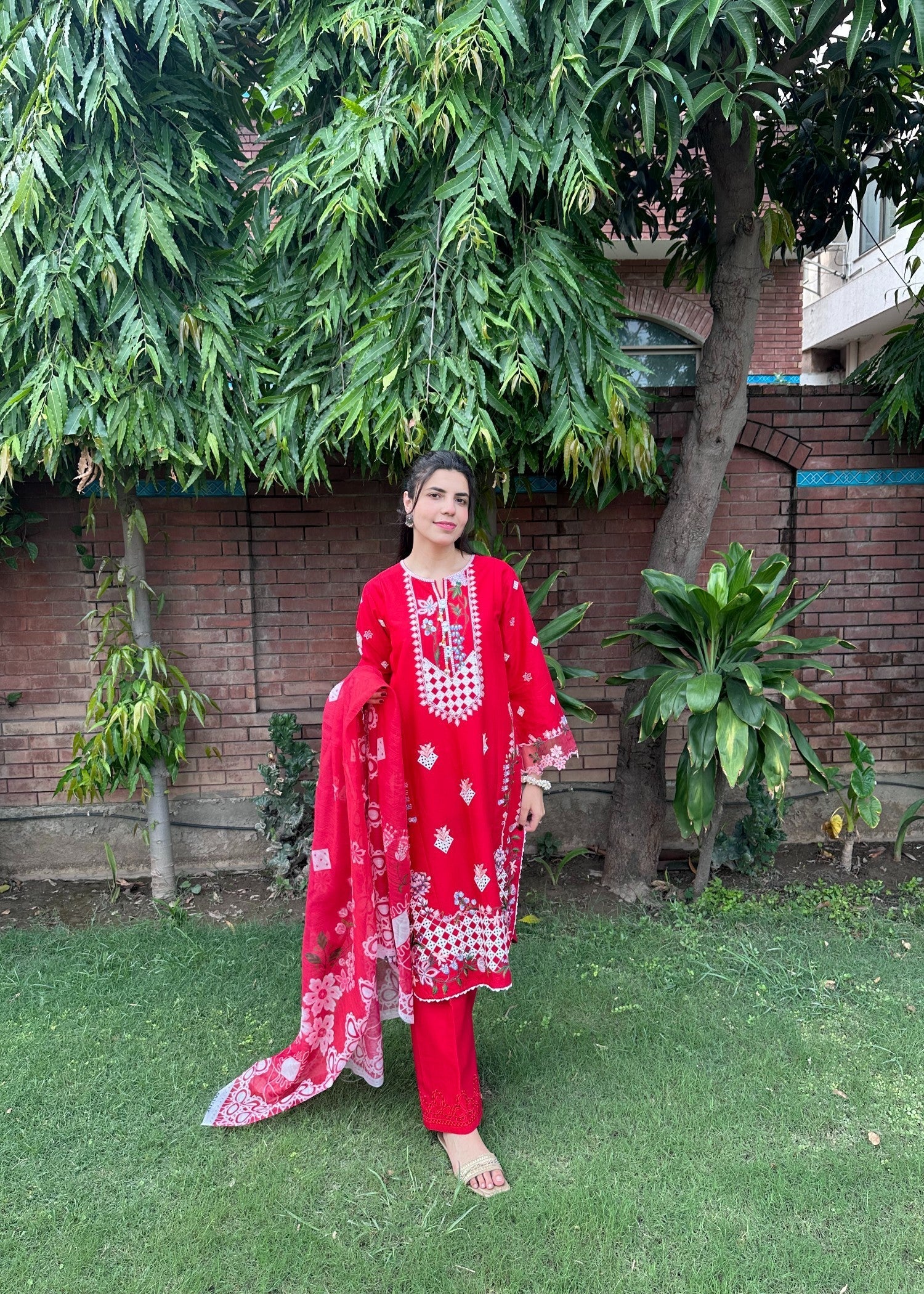 Attirepret Radiant Red Embroidered Cotton Suit by Women 3pcs