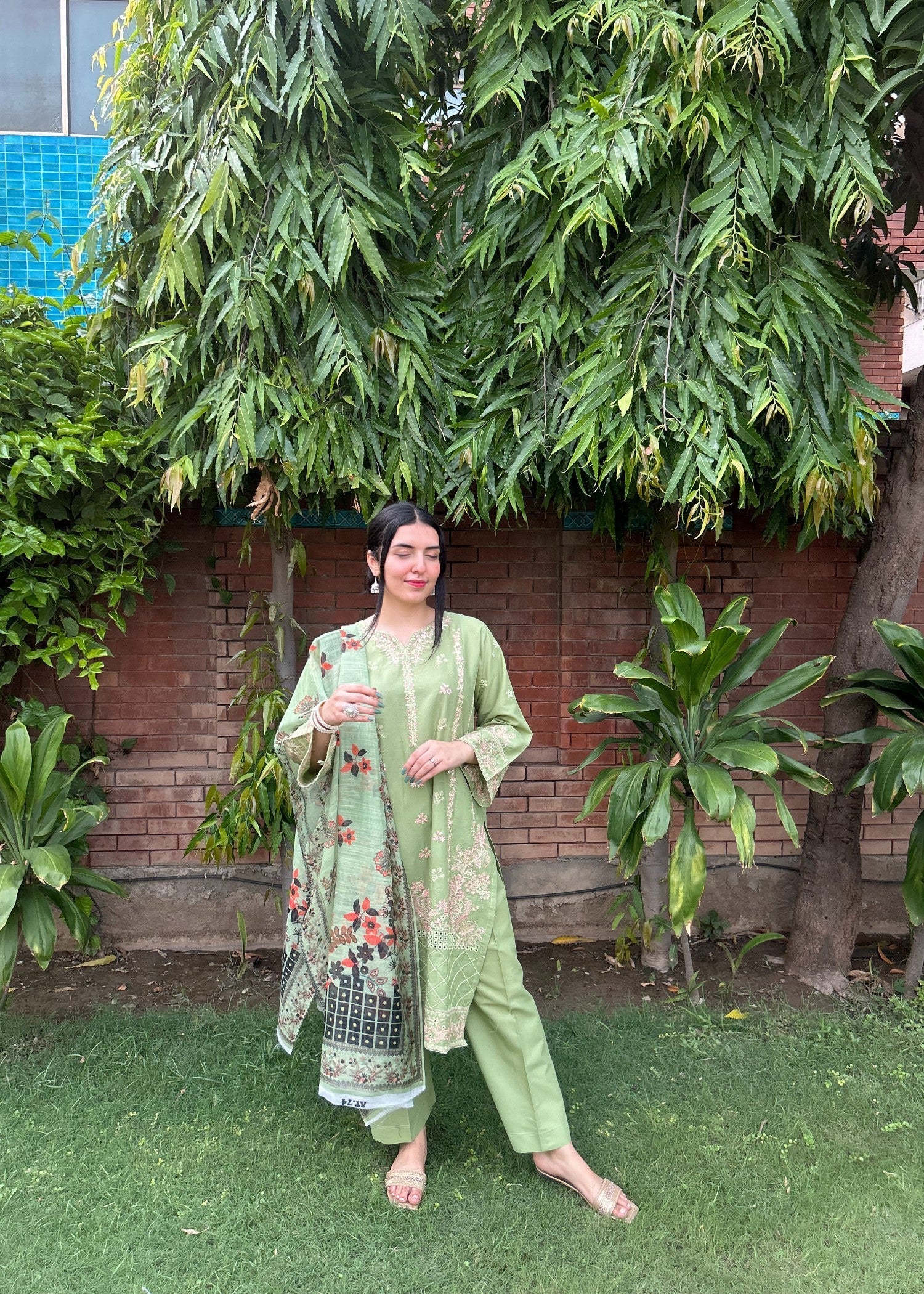 Attirepret Pista Green Cotton Embroidered Suit Women 3pcs