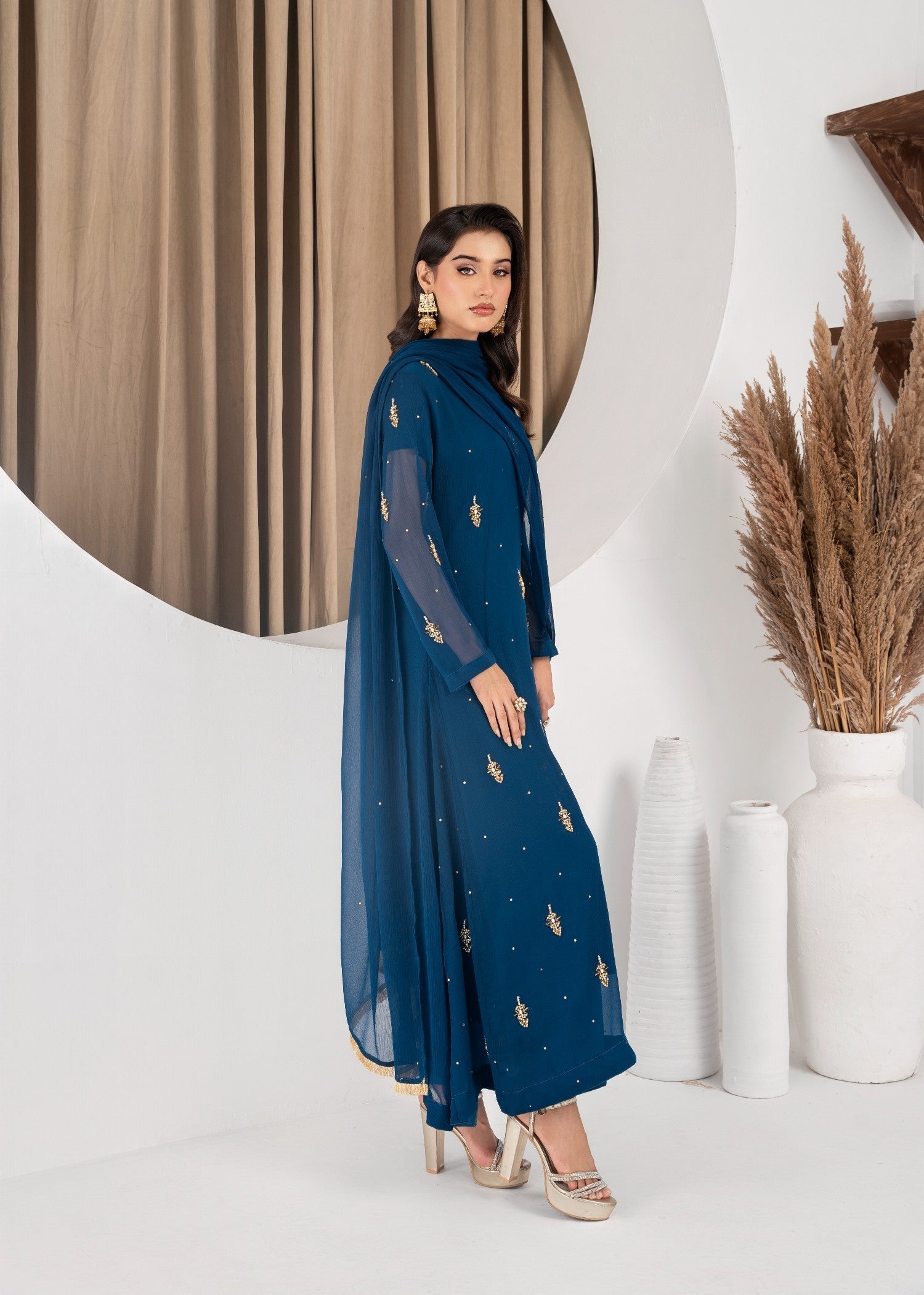 Hkb Officials Jasmine Midnight Teal Chiffon Flare Frock Women 3pcs