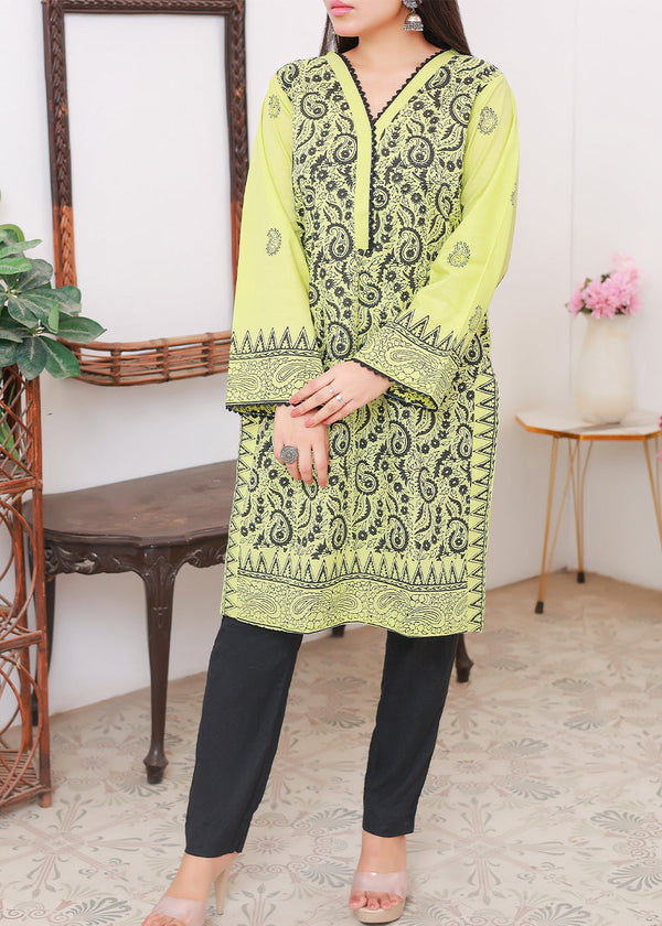 Green Block print Stitched Kurti lime Women 1pcs