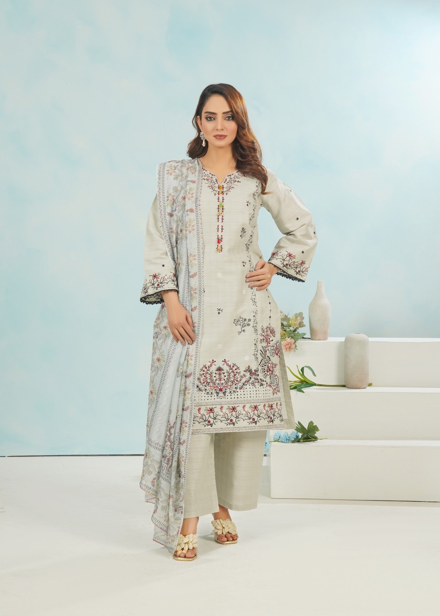 Dareechay Light Grey Embroidered Suite FOS47 Women 3pcs