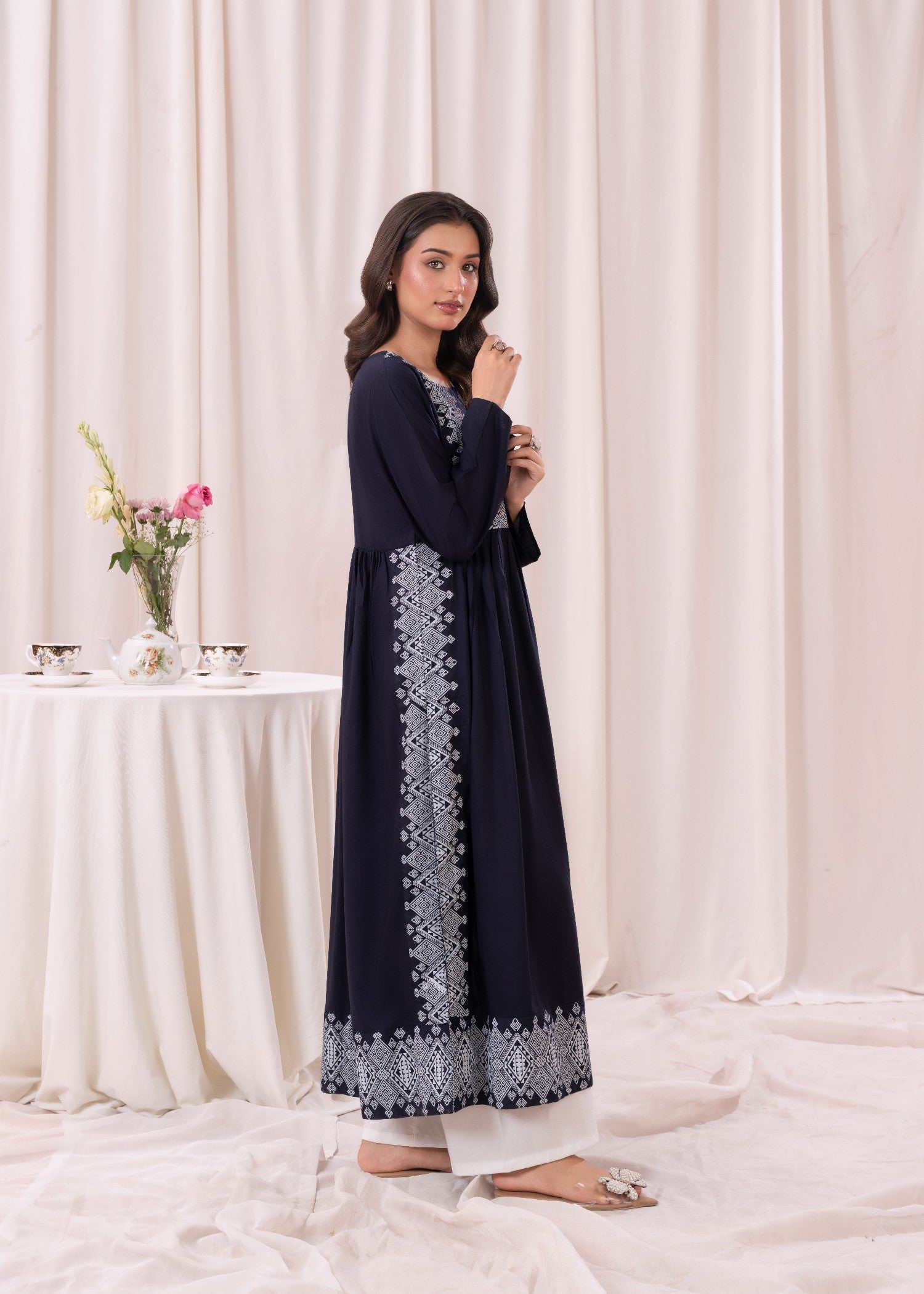 Laal Kurti Blue White printed long kurta D118 Women 1pcs