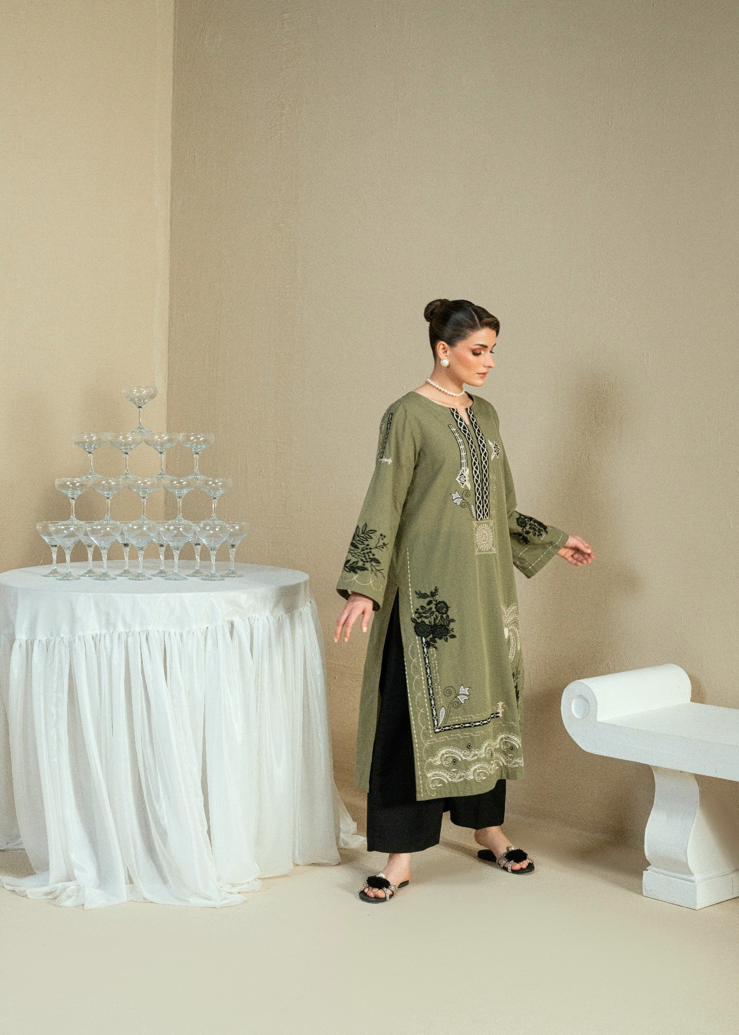 Kaanthaa KPES03 OLIVE COTTON DOBBY STITCHED Women 2pcs