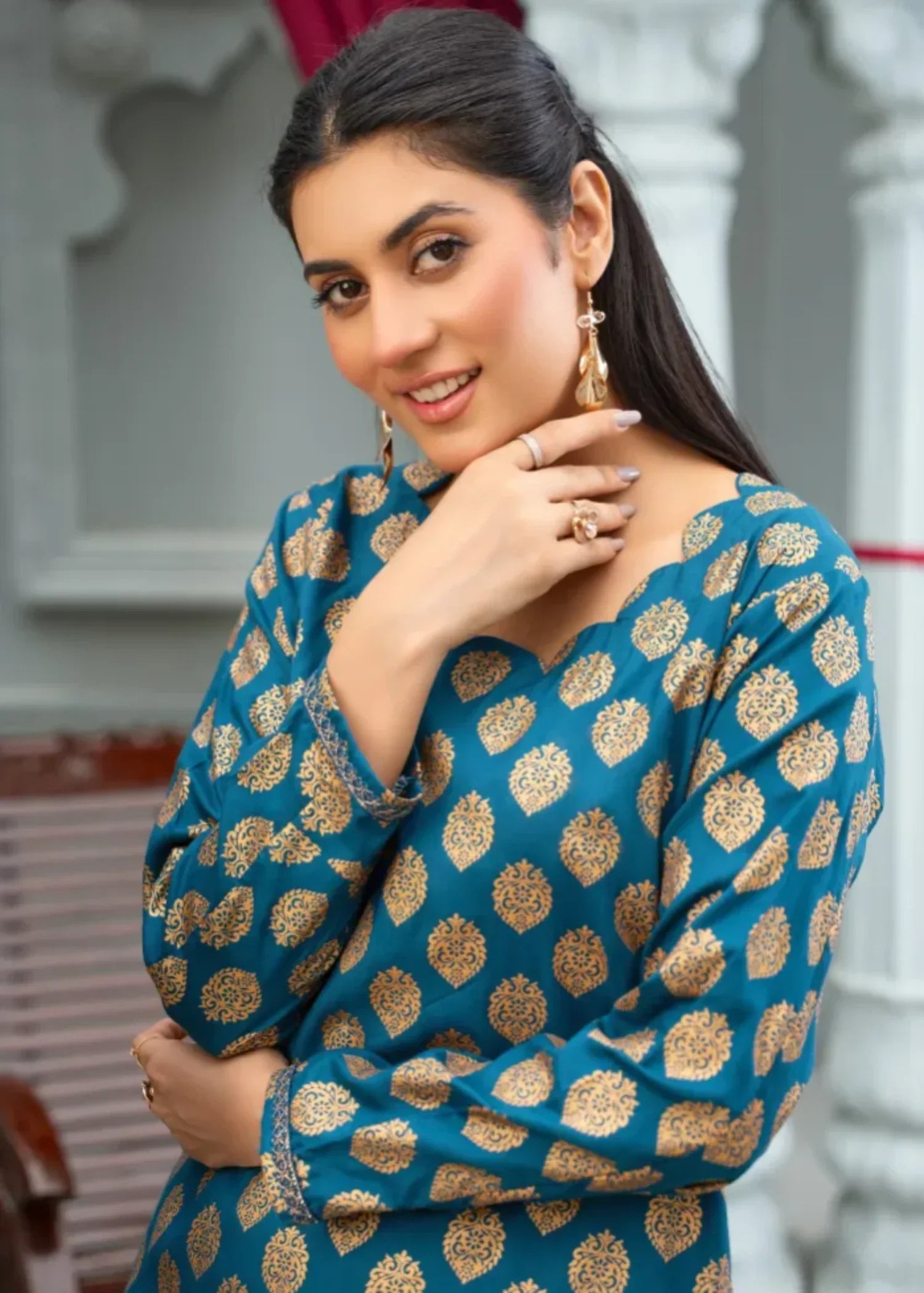 Designer Rack block print teal blue Women 2pcs