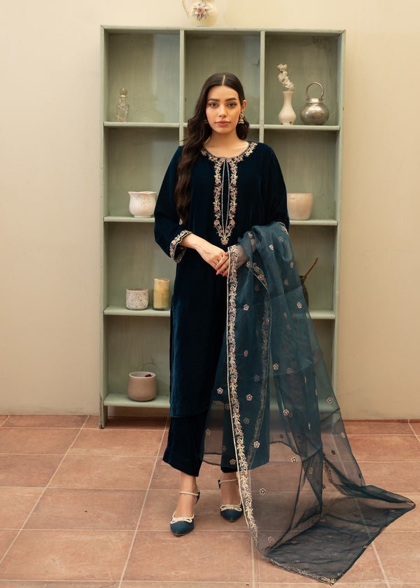 Naaz Couture Velvet Embroidered Suit Teal Women 3pcs