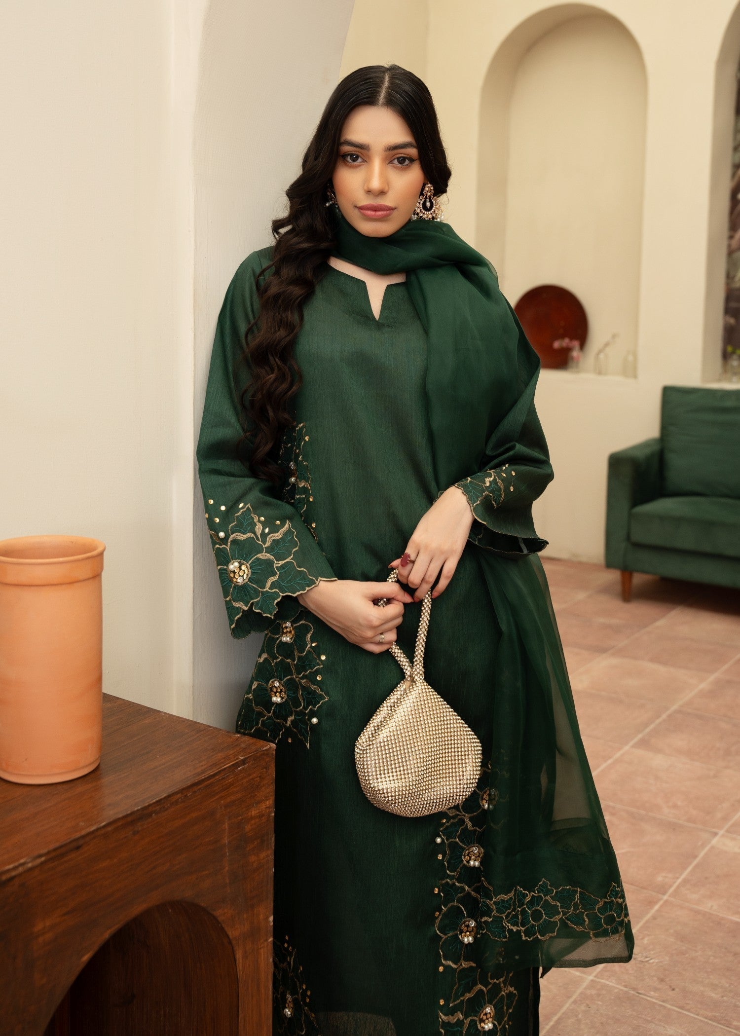 Naaz Couture Hand Embellished Raw Silk Suit Bottle Green Women 3pcs