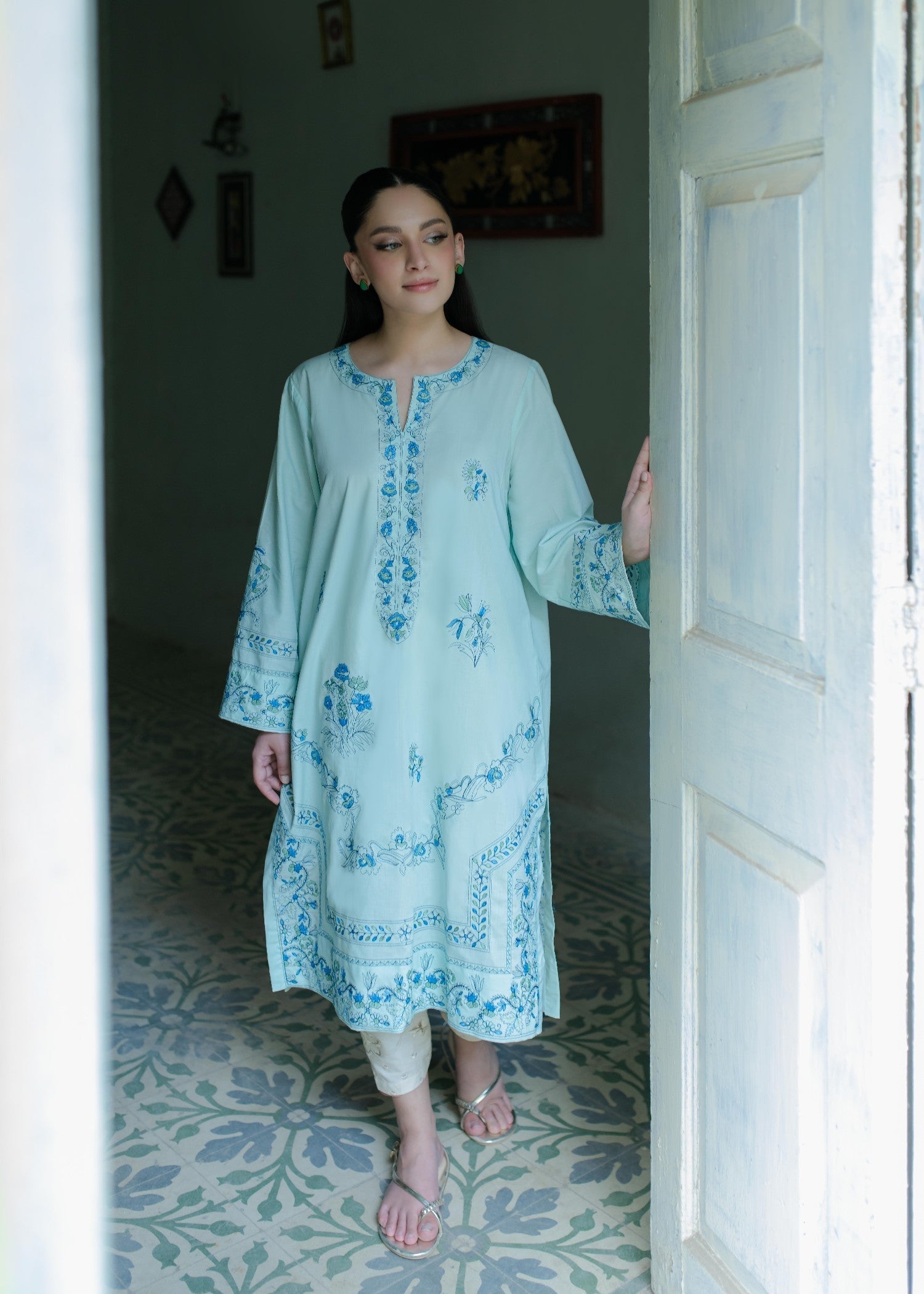 Azulie Aqua Embroidered Kurta by Women 1pcs