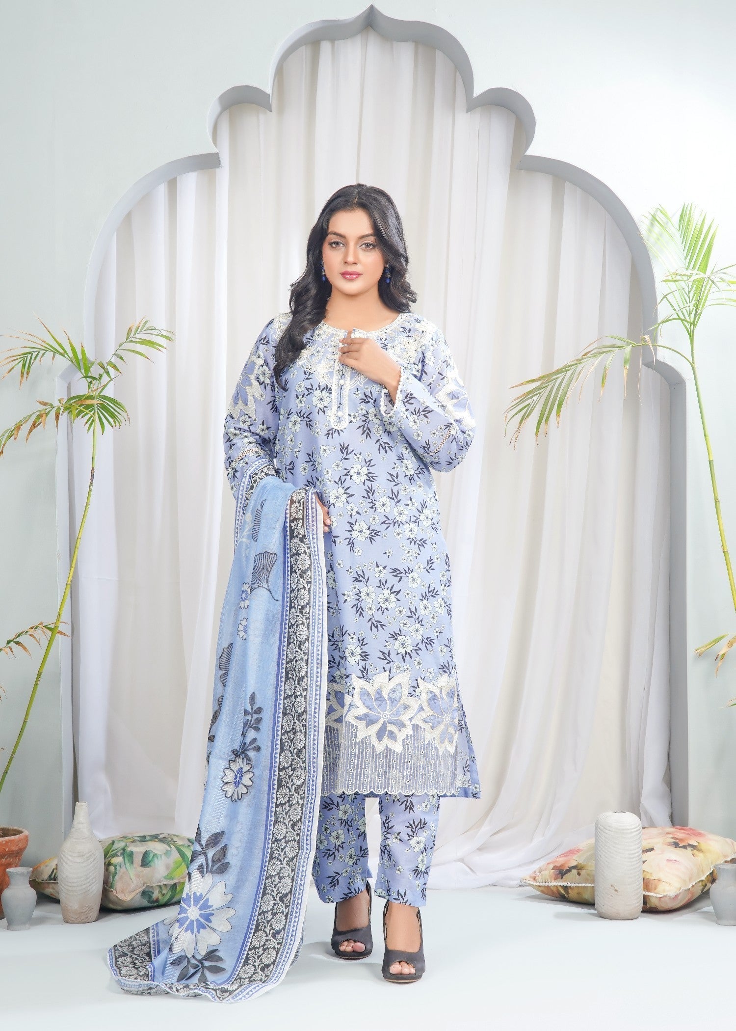 Dareechay Light Grey Print Suit FOP35 Women 3pcs