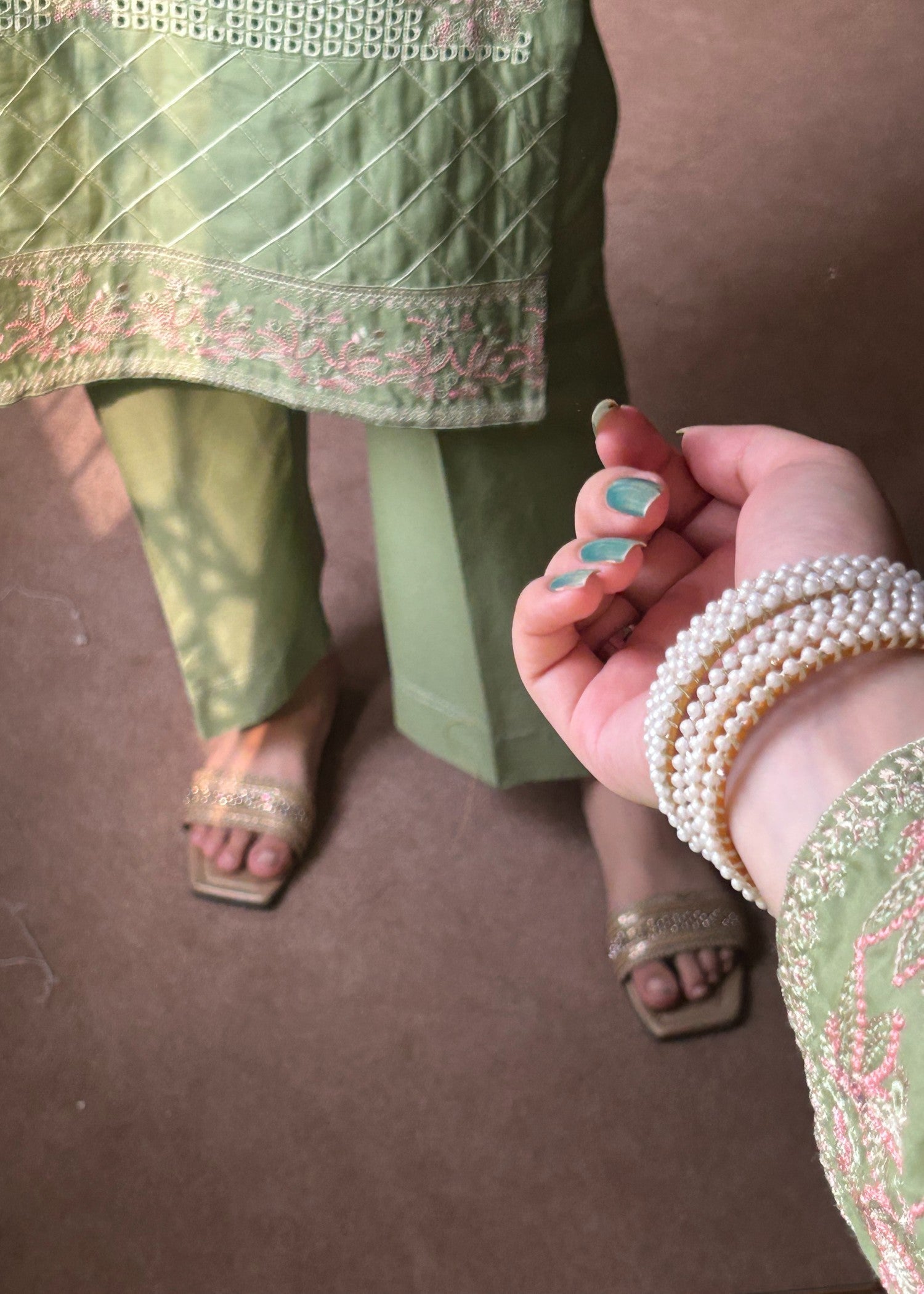 Attirepret Pista Green Cotton Embroidered Suit Women 3pcs