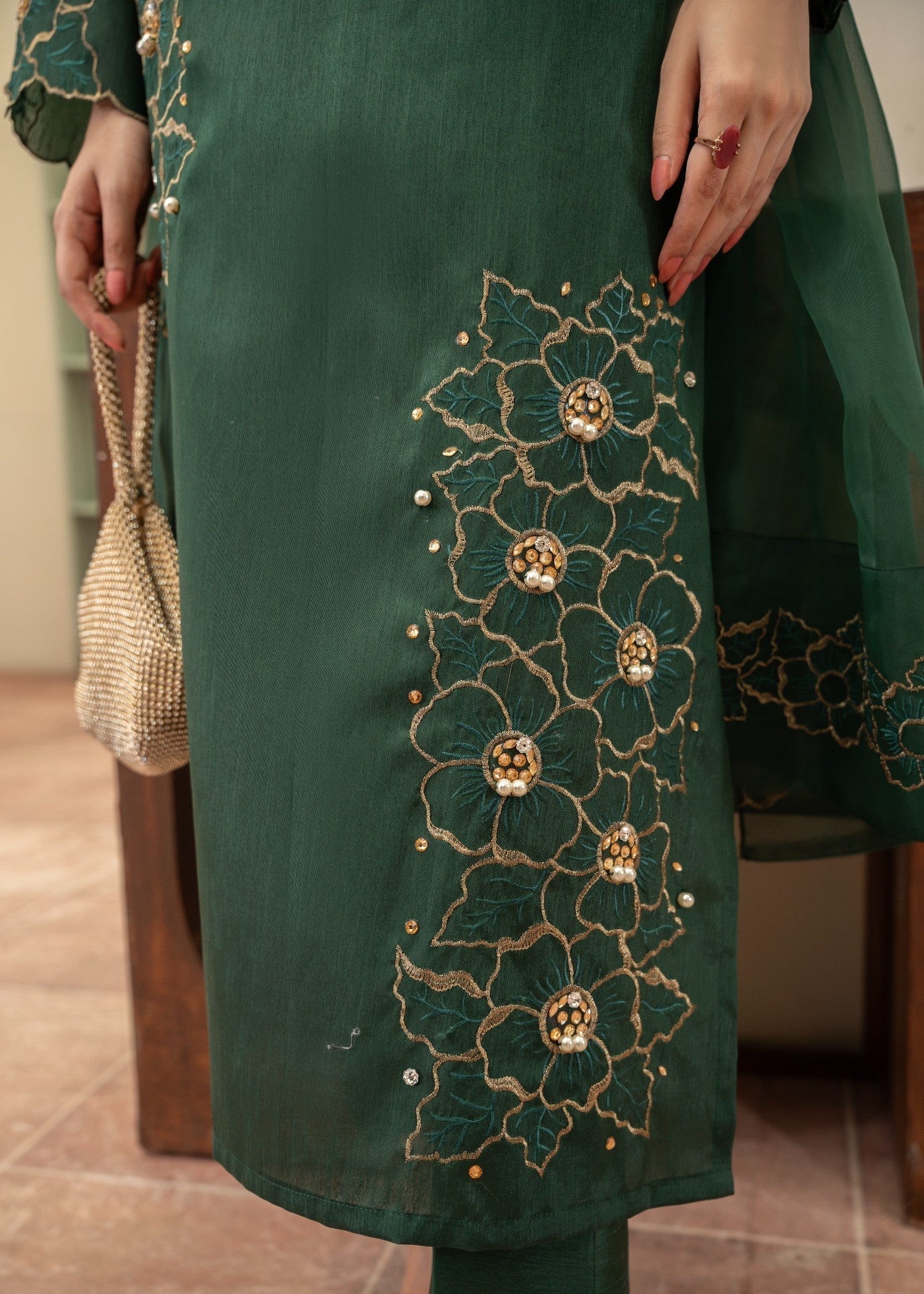 Naaz Couture Hand Embellished Raw Silk Suit Bottle Green Women 3pcs