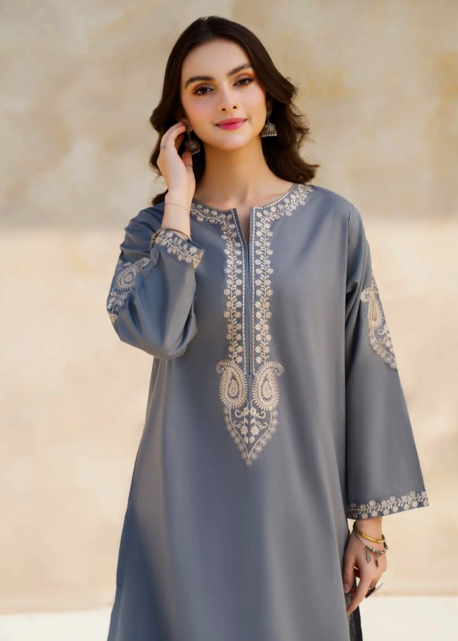 Sajfi Closet Ash Grey Embroidered Stitched Suit for Women Women 2pcs