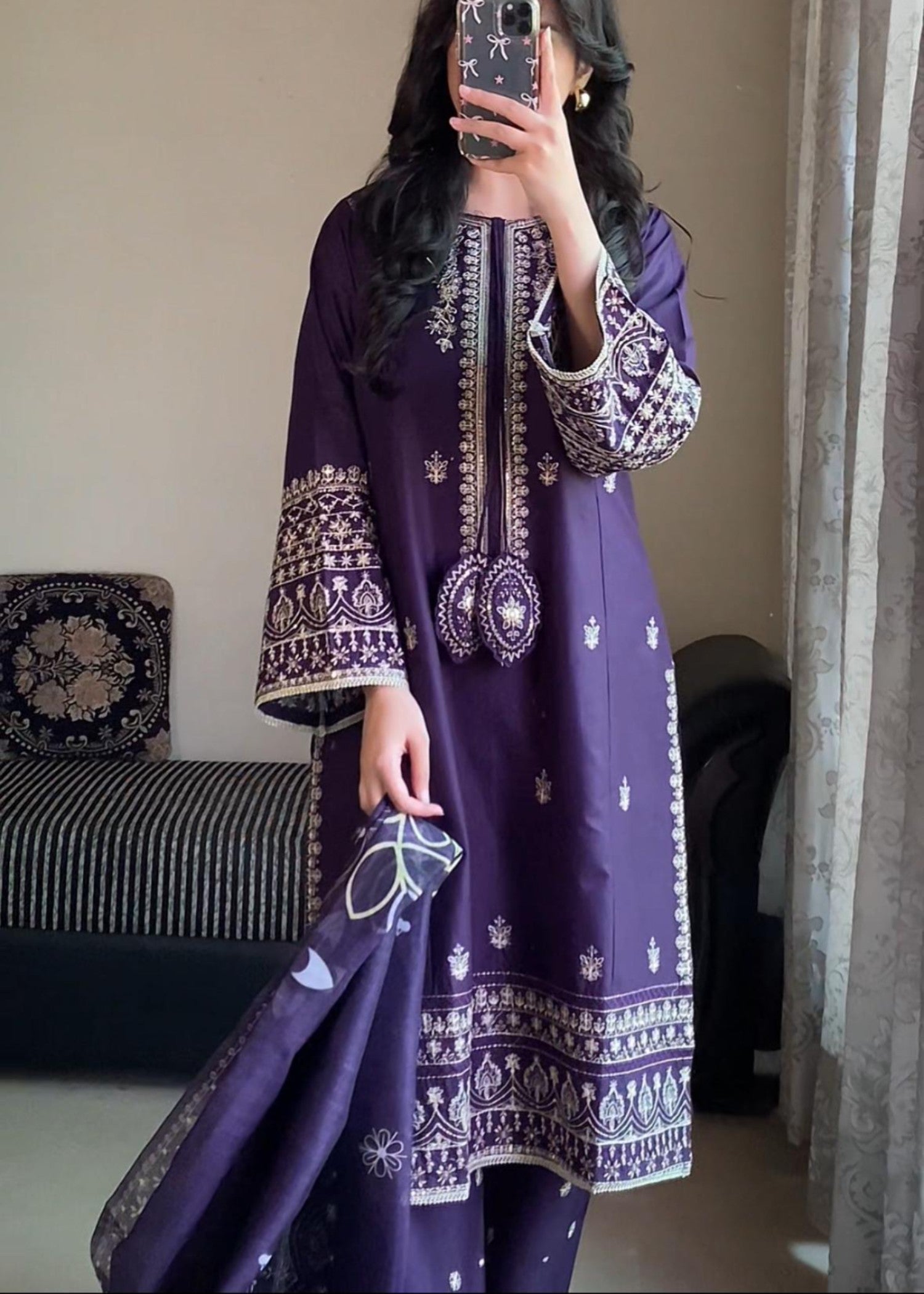Attirepret Royal Purple Embroidered Cotton Suit – By Women 3pcs