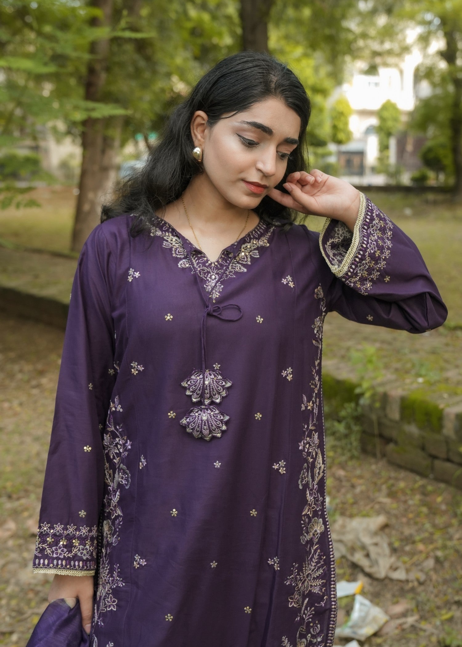 Attirepret Deep Plum Cotton Embroidered Suit Women 3pcs