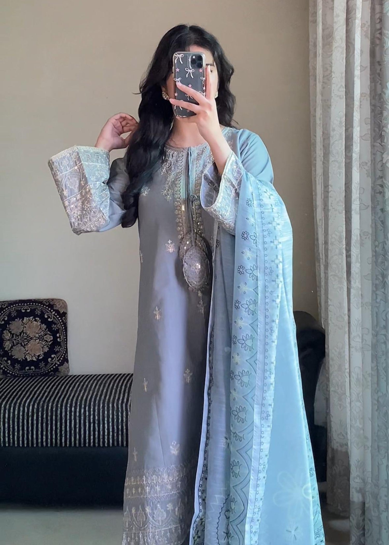 Attirepret Pastel Grey Embroidered Cotton Suit – By Women 3pcs