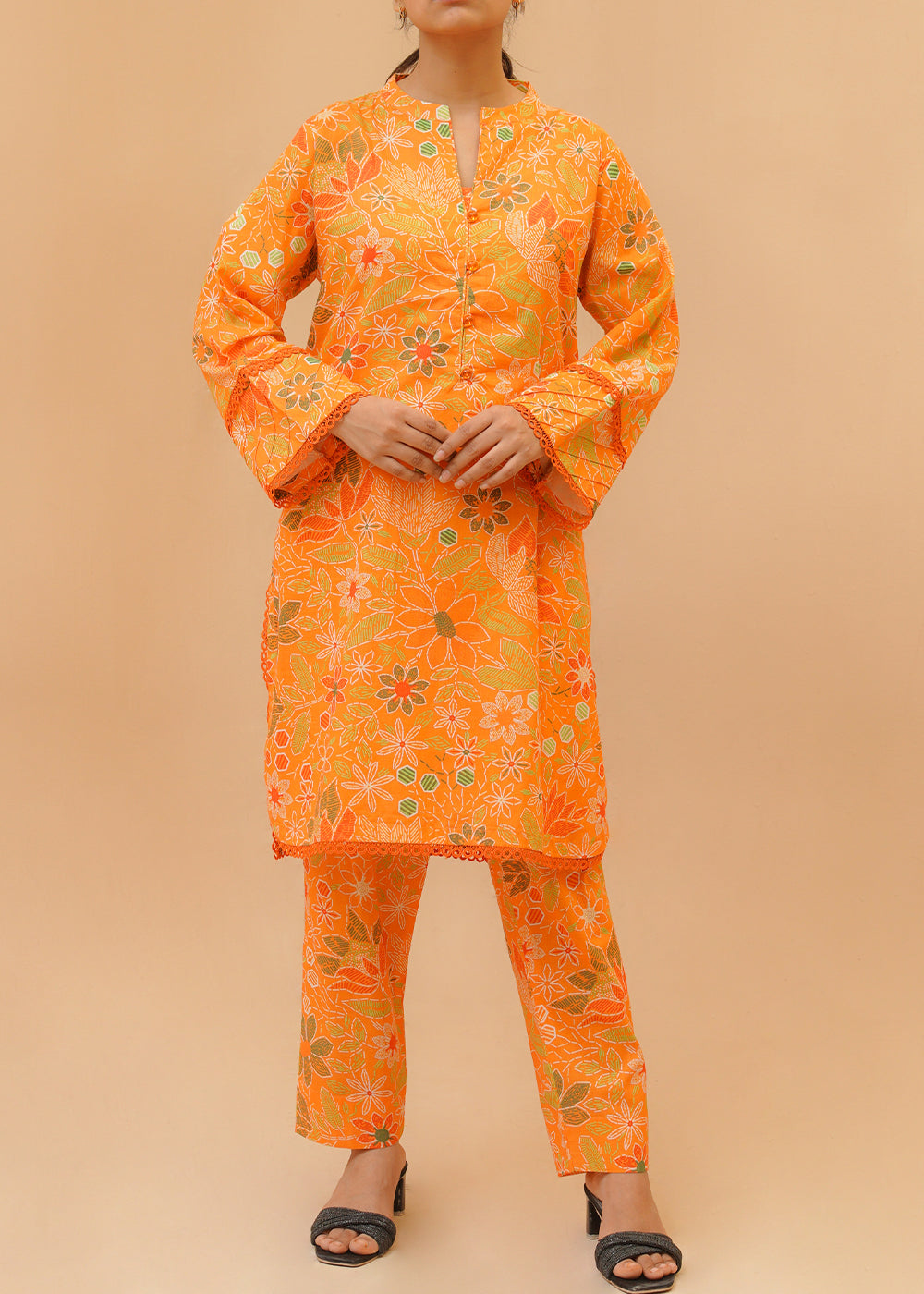 Green Orange Printed lawn stitched suit co ord set Women 2pcs