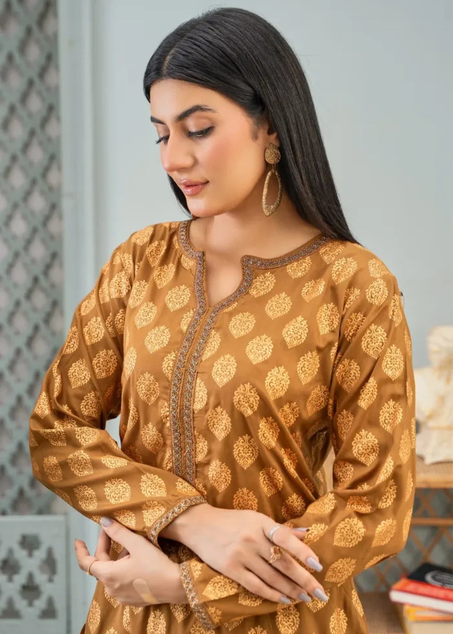 Designer Rack block print mustard Women 2pcs